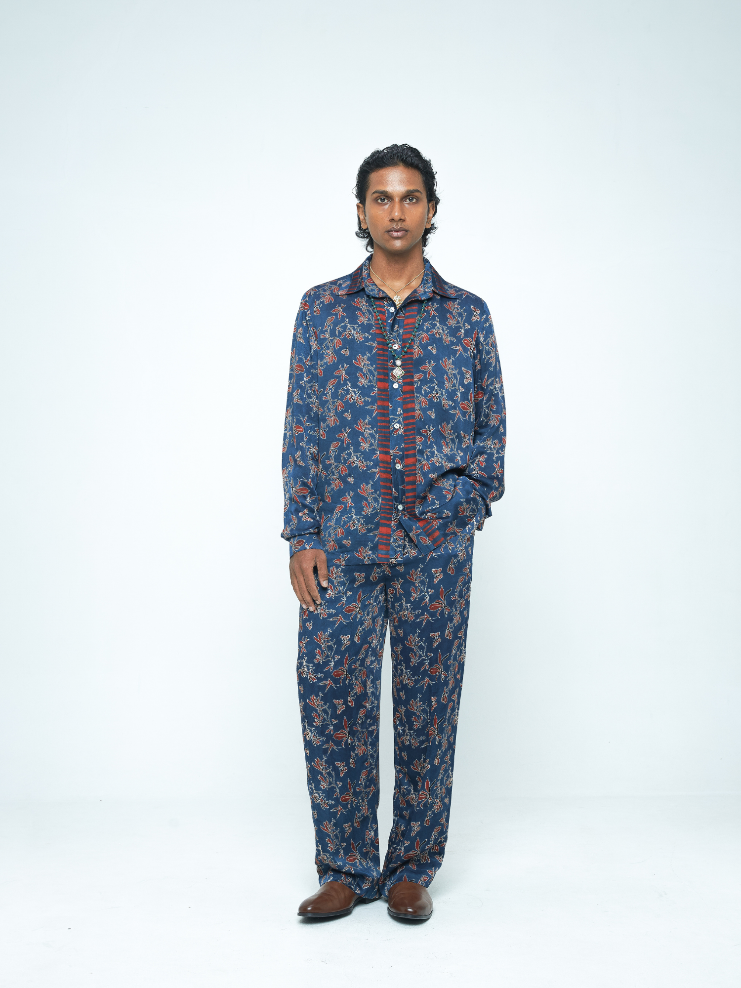 Garden Pleat Pants at Kamakhyaa by Anushé Pirani. This item is Bloom After Dark by Anushe Pirani, Menswear, Midnight Blueprint, Pants