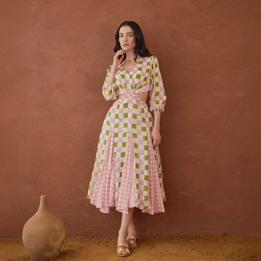Gardenia Gingham at Kamakhyaa by Taro. This item is Artisan made, Cotton Mulmul, Green, Handblock Printed, Midi Dresses, Under $50, Whispers of Summer by Taro