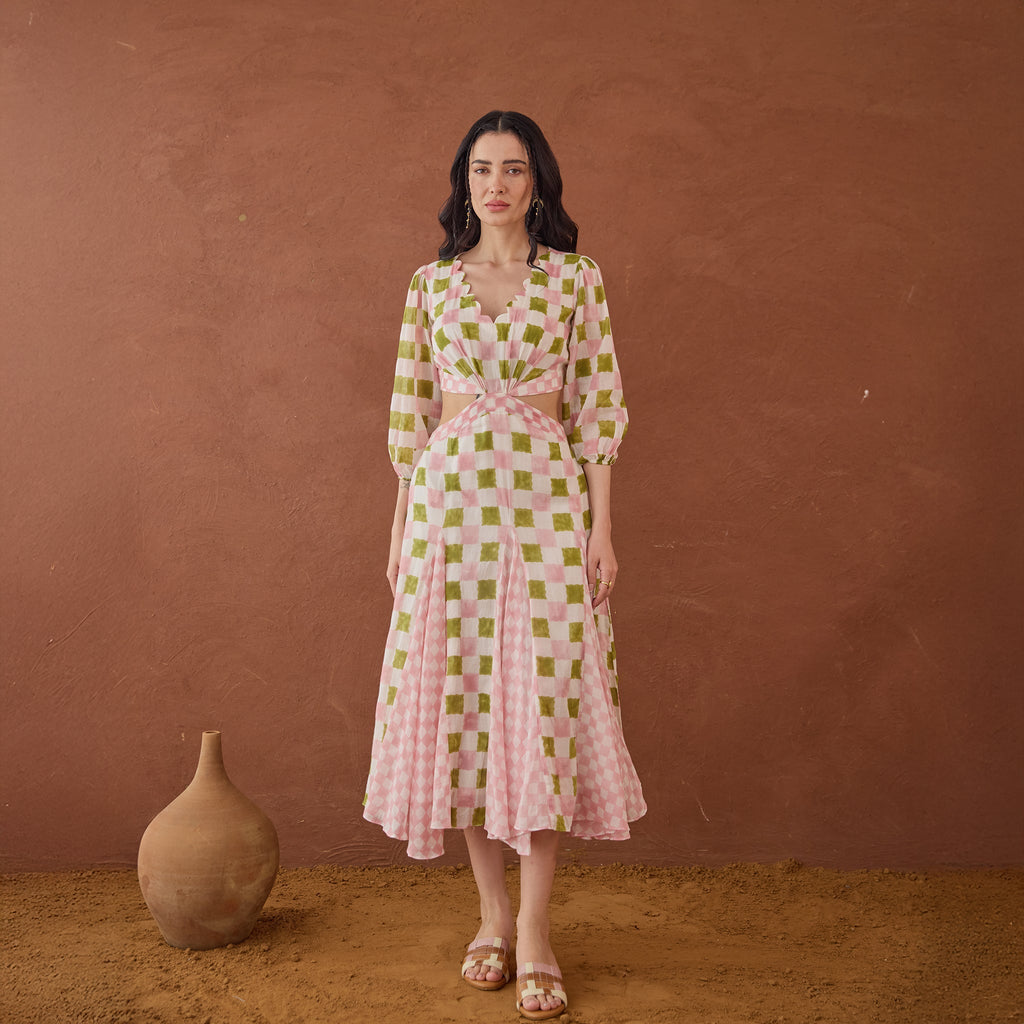 Gardenia Gingham at Kamakhyaa by Taro. This item is Artisan made, Cotton Mulmul, Green, Handblock Printed, Midi Dresses, Under $50, Whispers of Summer by Taro