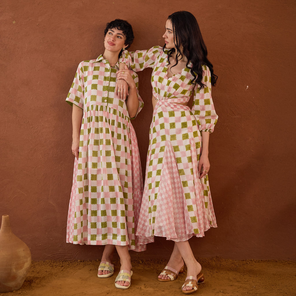Gardenia Gingham at Kamakhyaa by Taro. This item is Artisan made, Cotton Mulmul, Green, Handblock Printed, Midi Dresses, Under $50, Whispers of Summer by Taro