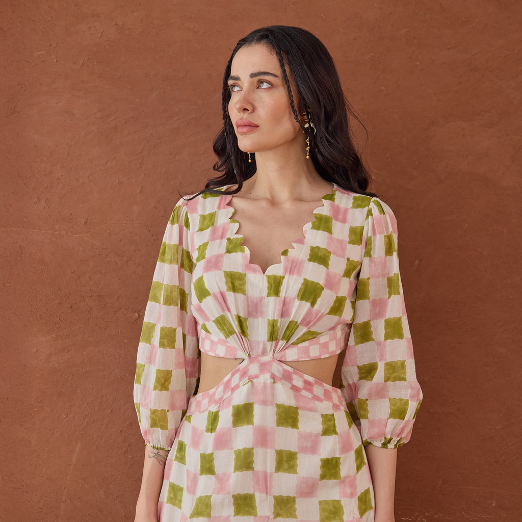 Gardenia Gingham at Kamakhyaa by Taro. This item is Artisan made, Cotton Mulmul, Green, Handblock Printed, Midi Dresses, Under $50, Whispers of Summer by Taro