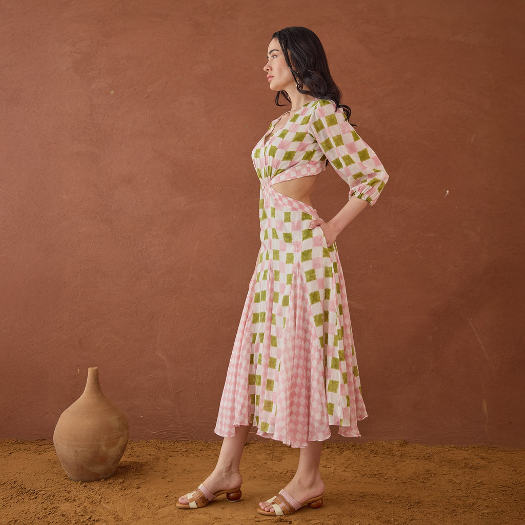 Gardenia Gingham at Kamakhyaa by Taro. This item is Artisan made, Cotton Mulmul, Green, Handblock Printed, Midi Dresses, Under $50, Whispers of Summer by Taro