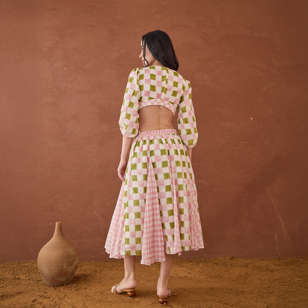Gardenia Gingham at Kamakhyaa by Taro. This item is Artisan made, Cotton Mulmul, Green, Handblock Printed, Midi Dresses, Under $50, Whispers of Summer by Taro