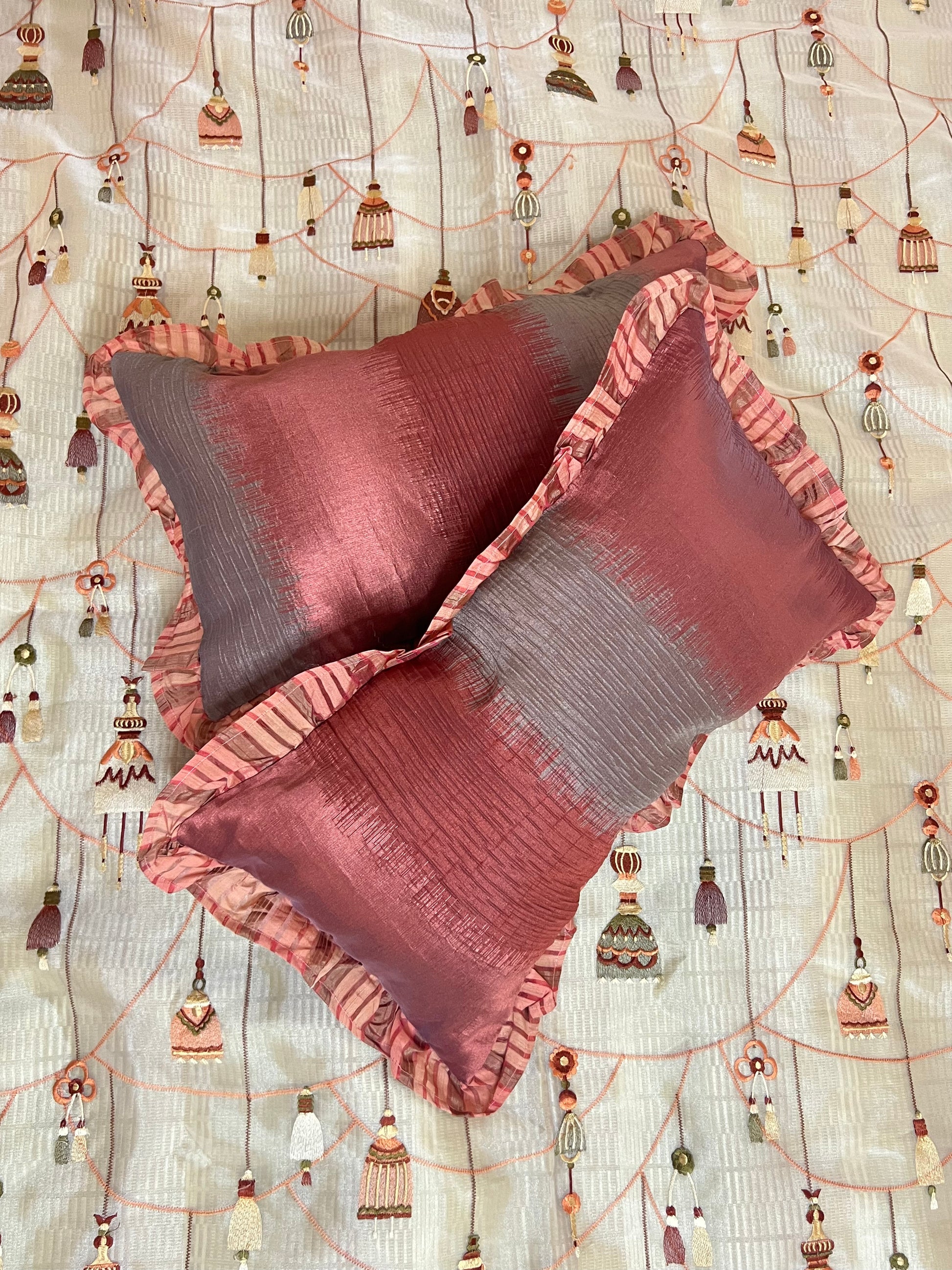 Garnet Gingham Cushion Cover Sets at Kamakhyaa by Aetherea. This item is Cotton, Cushion covers, Deck Cushion, Frills, Home, Metallic, Plaids, Red, Sheer, Upcycled