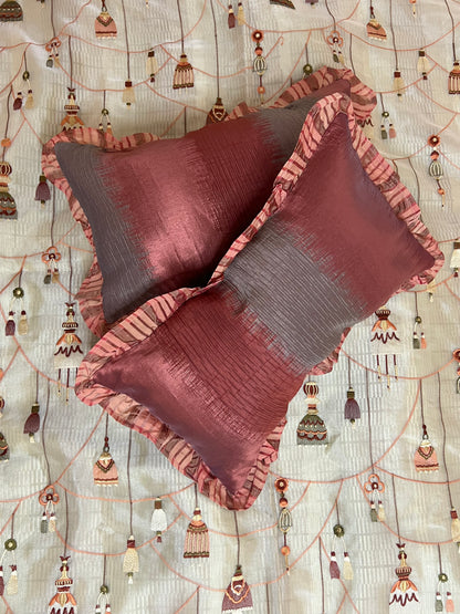 Garnet Gingham Cushion Cover Sets at Kamakhyaa by Aetherea. This item is Cotton, Cushion covers, Deck Cushion, Frills, Home, Metallic, Plaids, Red, Sheer, Upcycled