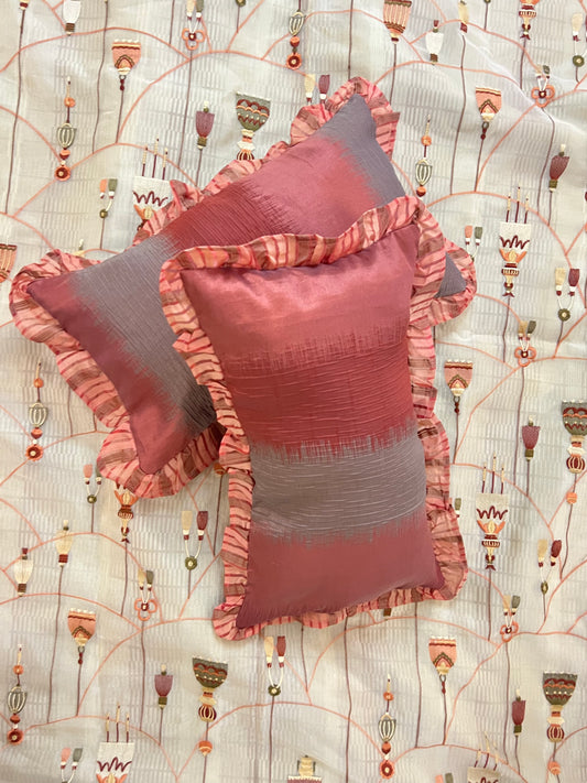 Garnet Gingham Cushion Cover Sets at Kamakhyaa by Aetherea. This item is Cotton, Cushion covers, Deck Cushion, Frills, Home, Metallic, Plaids, Red, Sheer, Upcycled