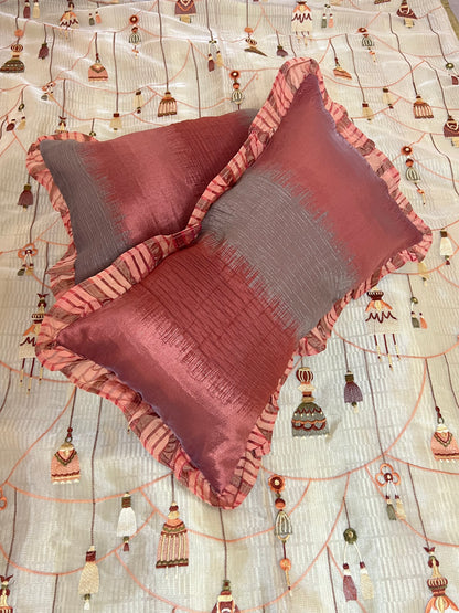 Garnet Gingham Cushion Cover Sets at Kamakhyaa by Aetherea. This item is Cotton, Cushion covers, Deck Cushion, Frills, Home, Metallic, Plaids, Red, Sheer, Upcycled