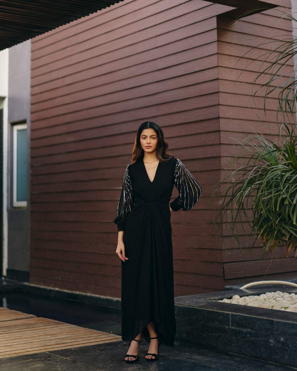 Georgette Black Georgette Evening Dress at Kamakhyaa by Ewoke. This item is Black, black dress, embroidered dress, Georgette, Holiday wear, Nostalgia's Thread by Ewoke, sustainable fashion, v-neck line