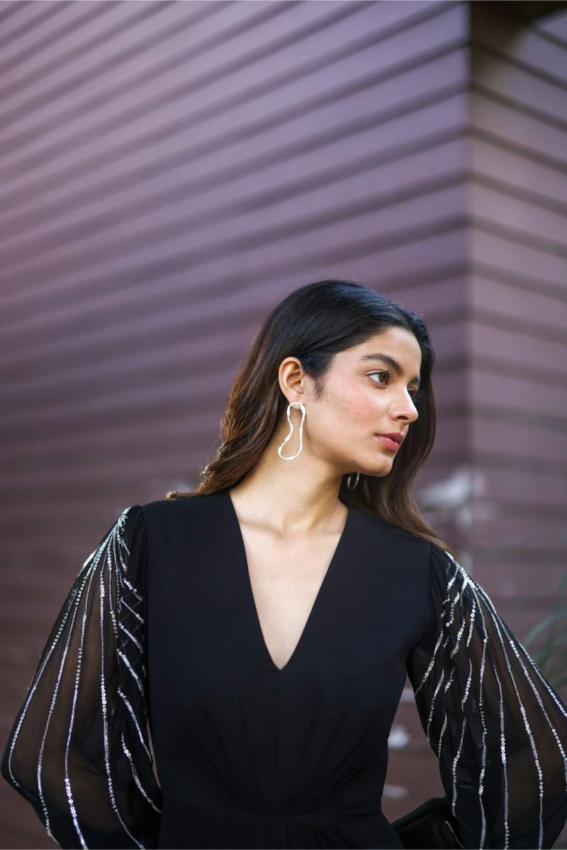 Georgette Black Georgette Evening Dress at Kamakhyaa by Ewoke. This item is Black, black dress, embroidered dress, Georgette, Holiday wear, Nostalgia's Thread by Ewoke, sustainable fashion, v-neck line