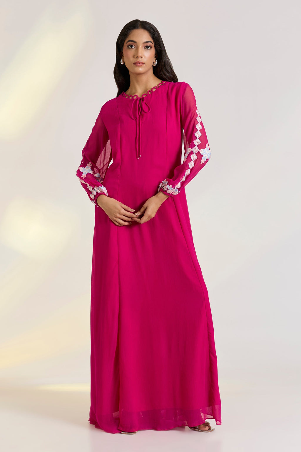 Georgette Elowen Maxi Dress at Kamakhyaa by Ewoke. This item is embroided pink dress, Georgette, Holiday wear, Hot Pink, Khadi Tencel, Missing image, Nostalgia's Thread by Ewoke, phulkari embroidery, pink dress, sustainable fashion
