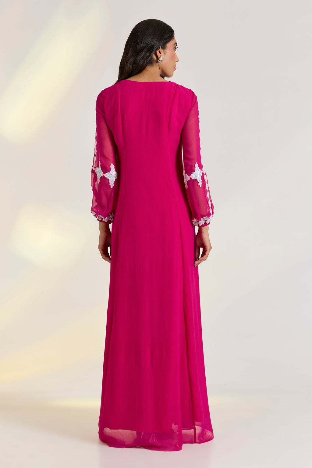 Georgette Elowen Maxi Dress at Kamakhyaa by Ewoke. This item is embroided pink dress, Georgette, Holiday wear, Hot Pink, Khadi Tencel, Missing image, Nostalgia's Thread by Ewoke, phulkari embroidery, pink dress, sustainable fashion