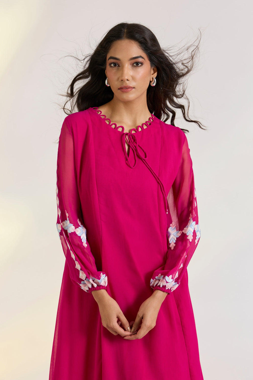 Georgette Elowen Maxi Dress at Kamakhyaa by Ewoke. This item is embroided pink dress, Georgette, Holiday wear, Hot Pink, Khadi Tencel, Missing image, Nostalgia's Thread by Ewoke, phulkari embroidery, pink dress, sustainable fashion