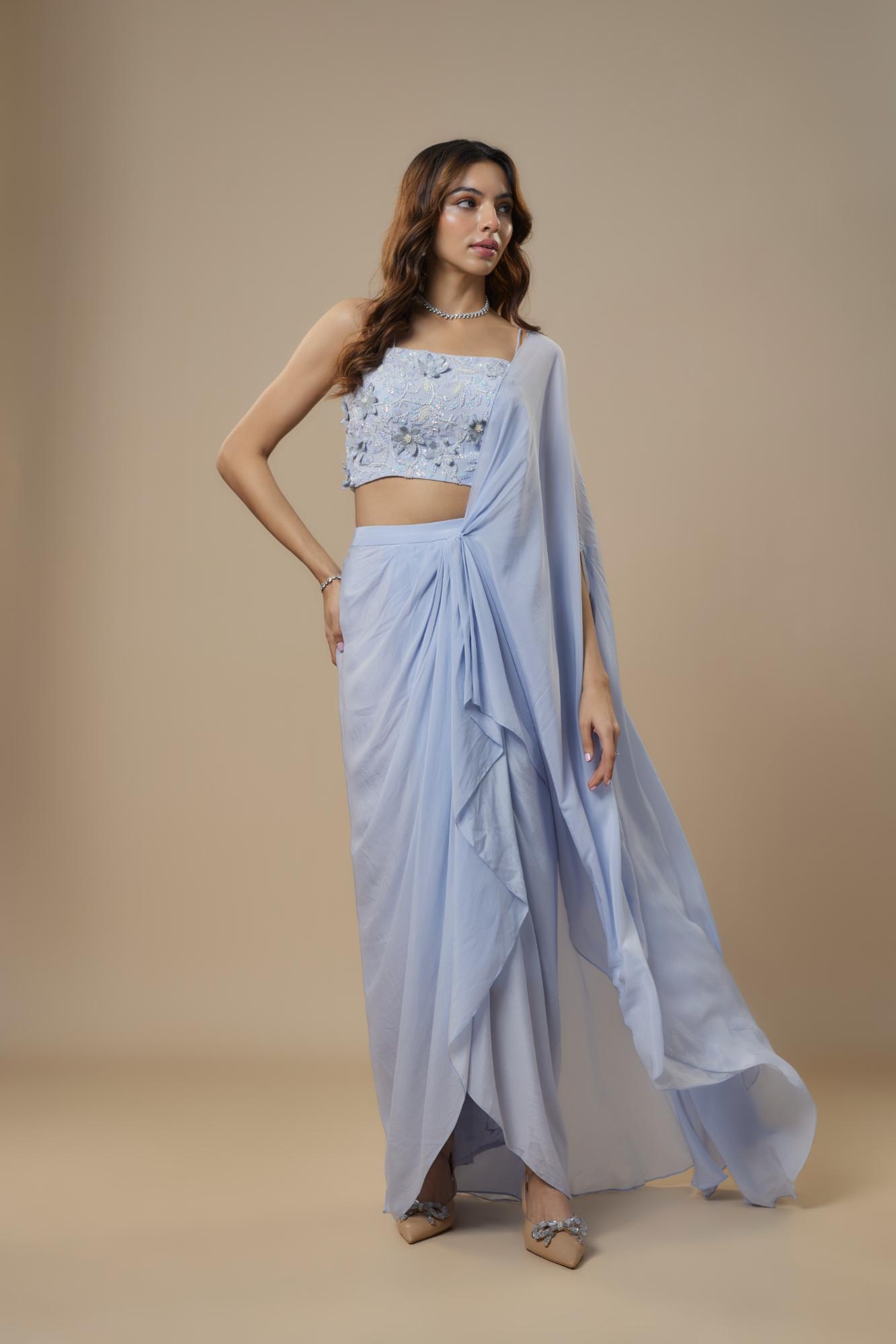 Georgette Ice Blue Drape Saree at Kamakhyaa by Ewoke. This item is Drape saree, draped set, ethnic coords set, Georgette, Nostalgia's Thread by Ewoke, Sustainable, sustainable fashion