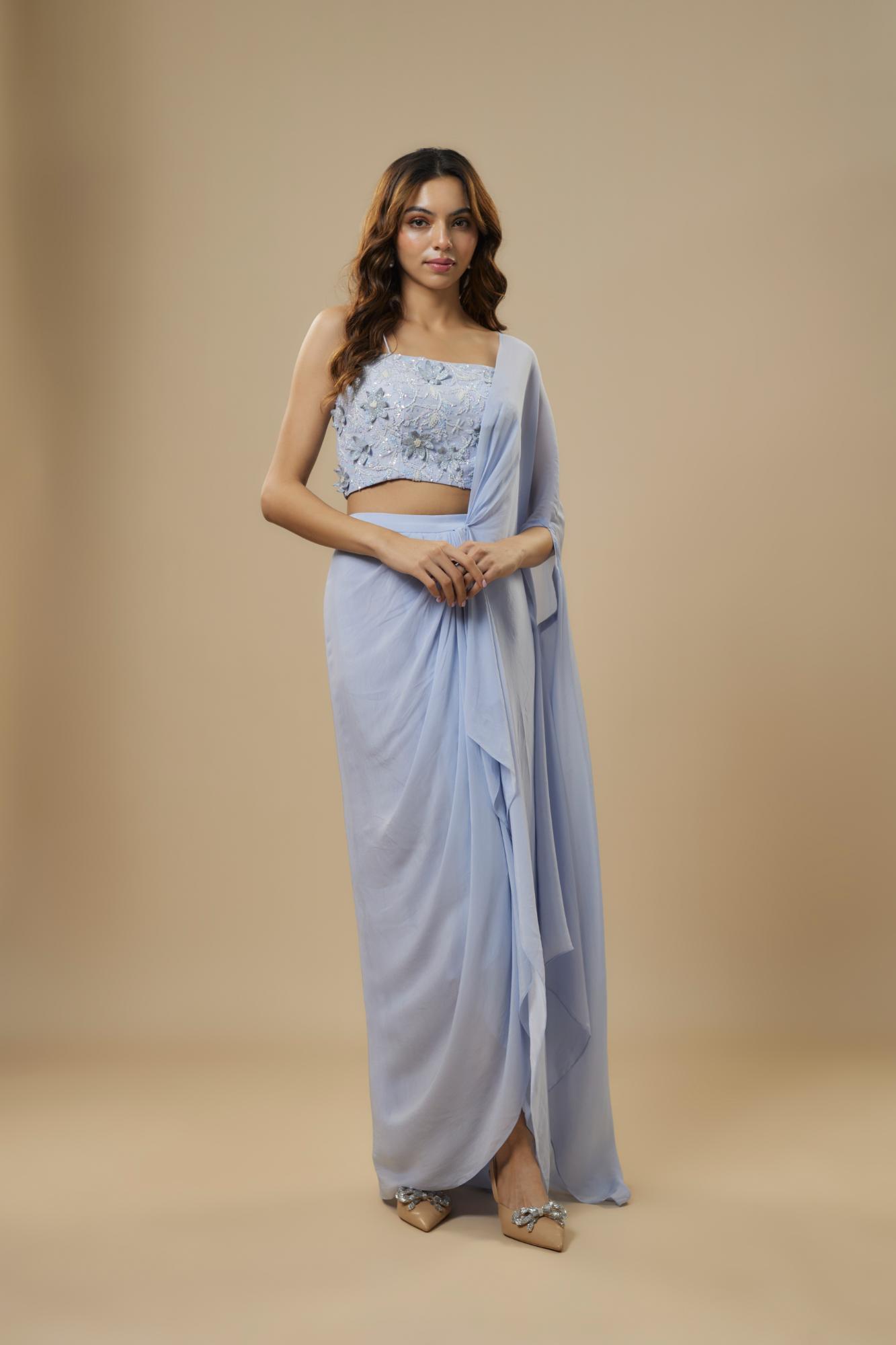 Georgette Ice Blue Drape Saree at Kamakhyaa by Ewoke. This item is Drape saree, draped set, ethnic coords set, Georgette, Nostalgia's Thread by Ewoke, Sustainable, sustainable fashion