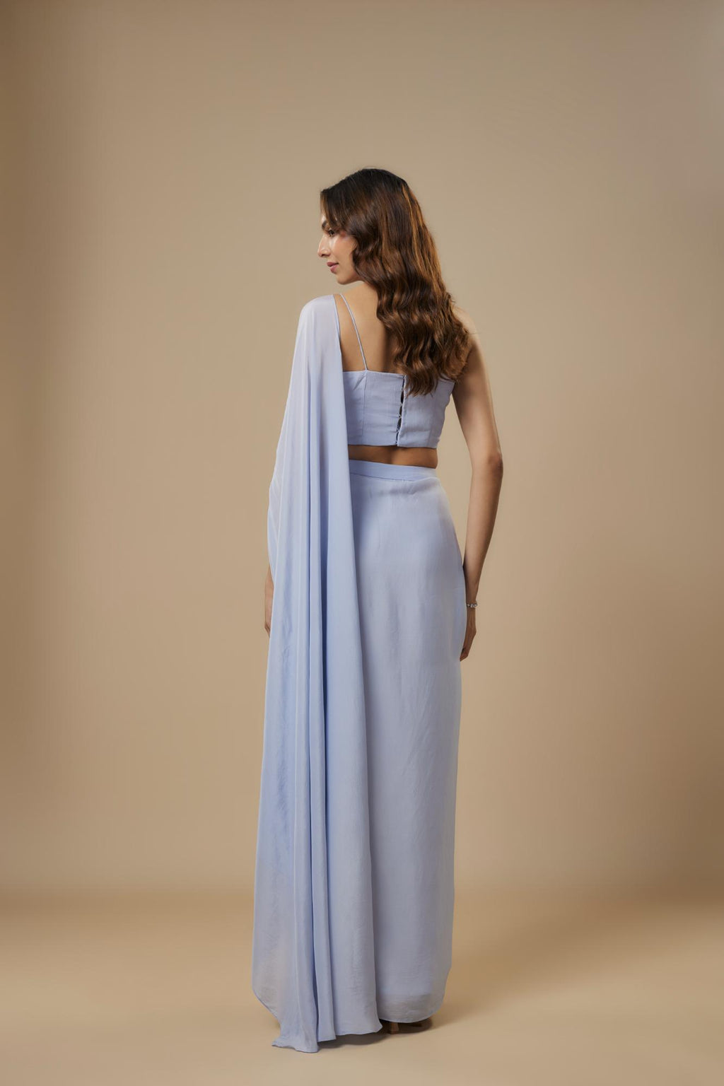 Georgette Ice Blue Drape Saree at Kamakhyaa by Ewoke. This item is Drape saree, draped set, ethnic coords set, Georgette, Nostalgia's Thread by Ewoke, Sustainable, sustainable fashion