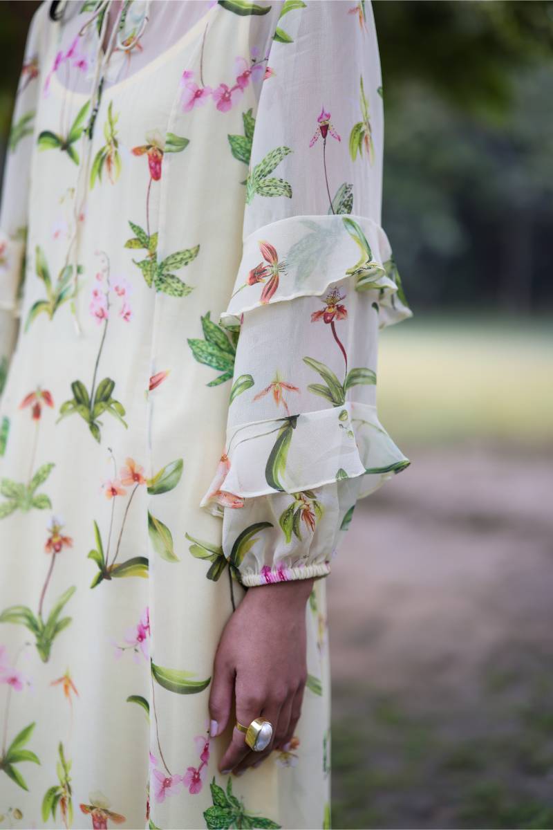 Georgette Iris Floral Maxi Dress at Kamakhyaa by Ewoke. This item is Floral, floral print, Georgette, Nostalgia's Thread by Ewoke, Party Wear, round neck, sustainable fashion, Under $200