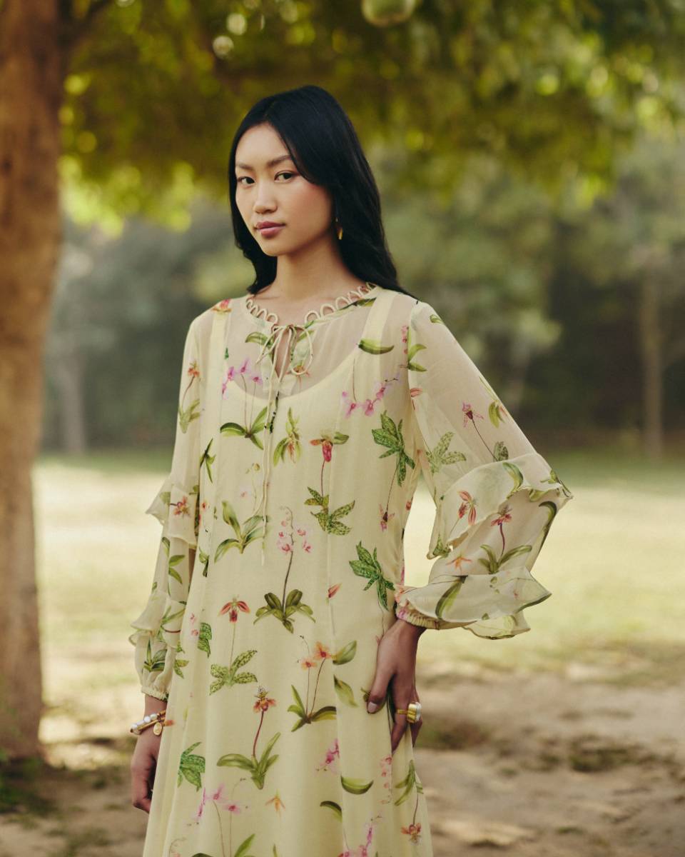 Georgette Iris Floral Maxi Dress at Kamakhyaa by Ewoke. This item is Floral, floral print, Georgette, Nostalgia's Thread by Ewoke, Party Wear, round neck, sustainable fashion, Under $200