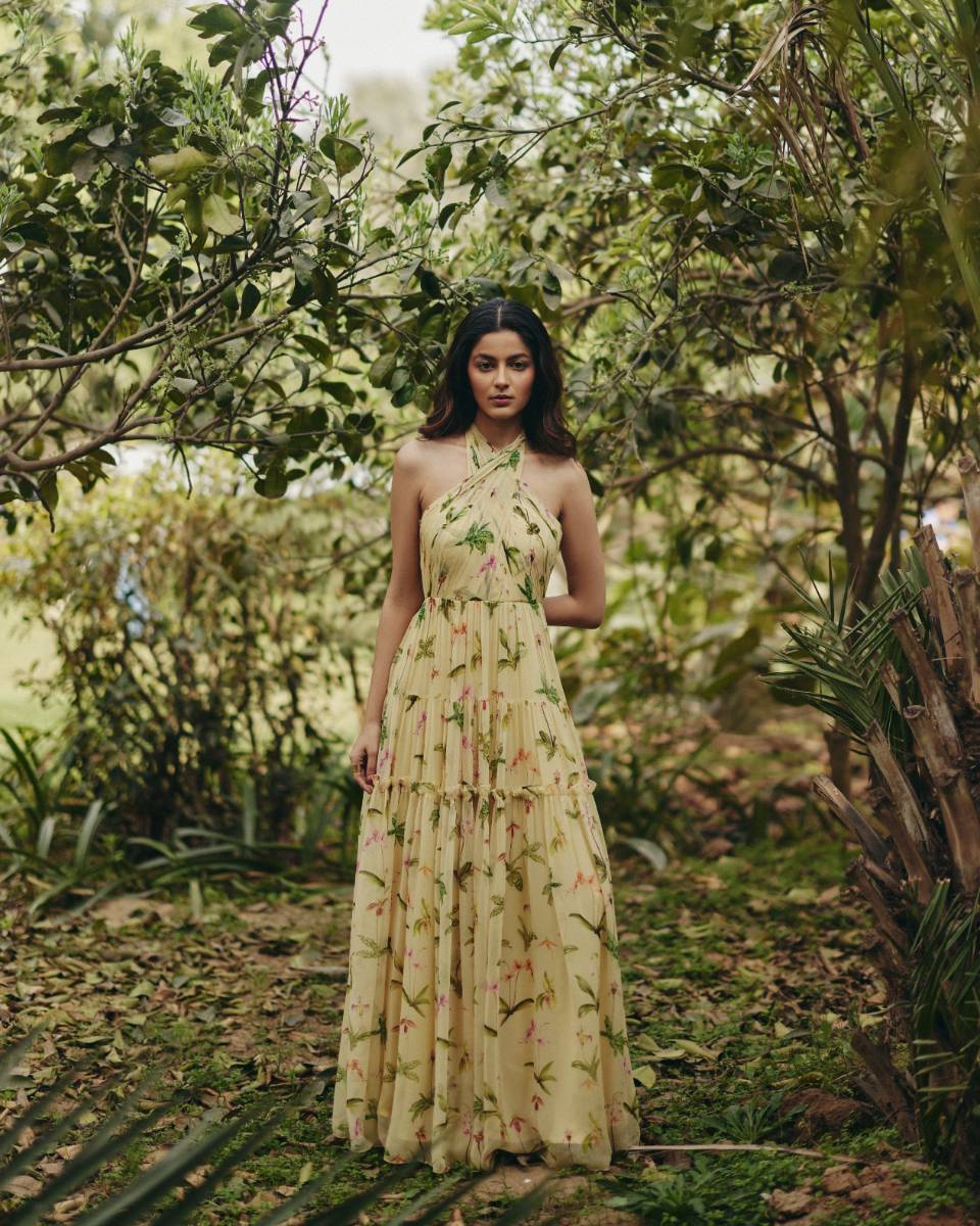 georgette halter dresses Floral KarenMillen Crinkle Halter Neck Georgette Draped Woven Maxi Dress