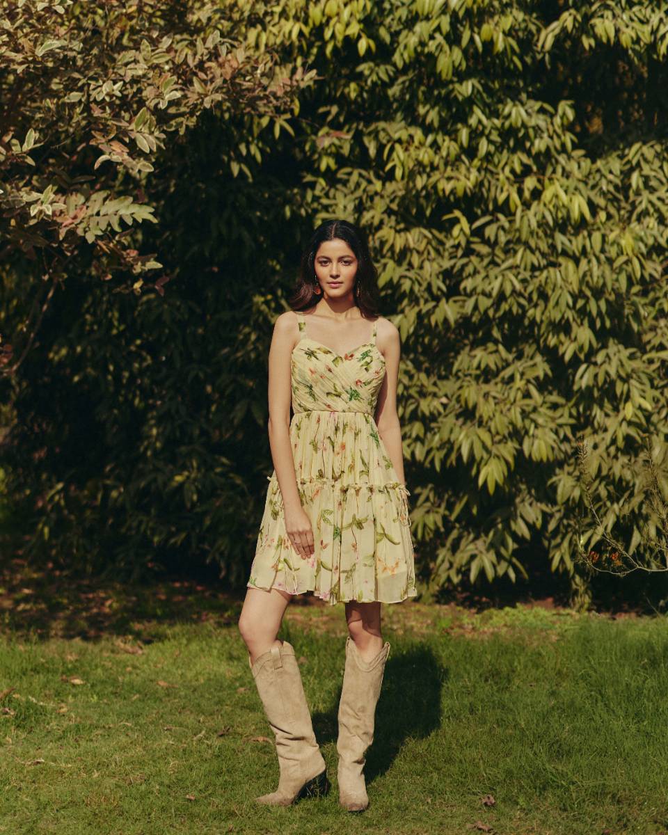 Georgette Iris Mini Dress at Kamakhyaa by Ewoke. This item is Floral, floral top, Georgette, Nostalgia's Thread by Ewoke, sustainable fashion, Under $200