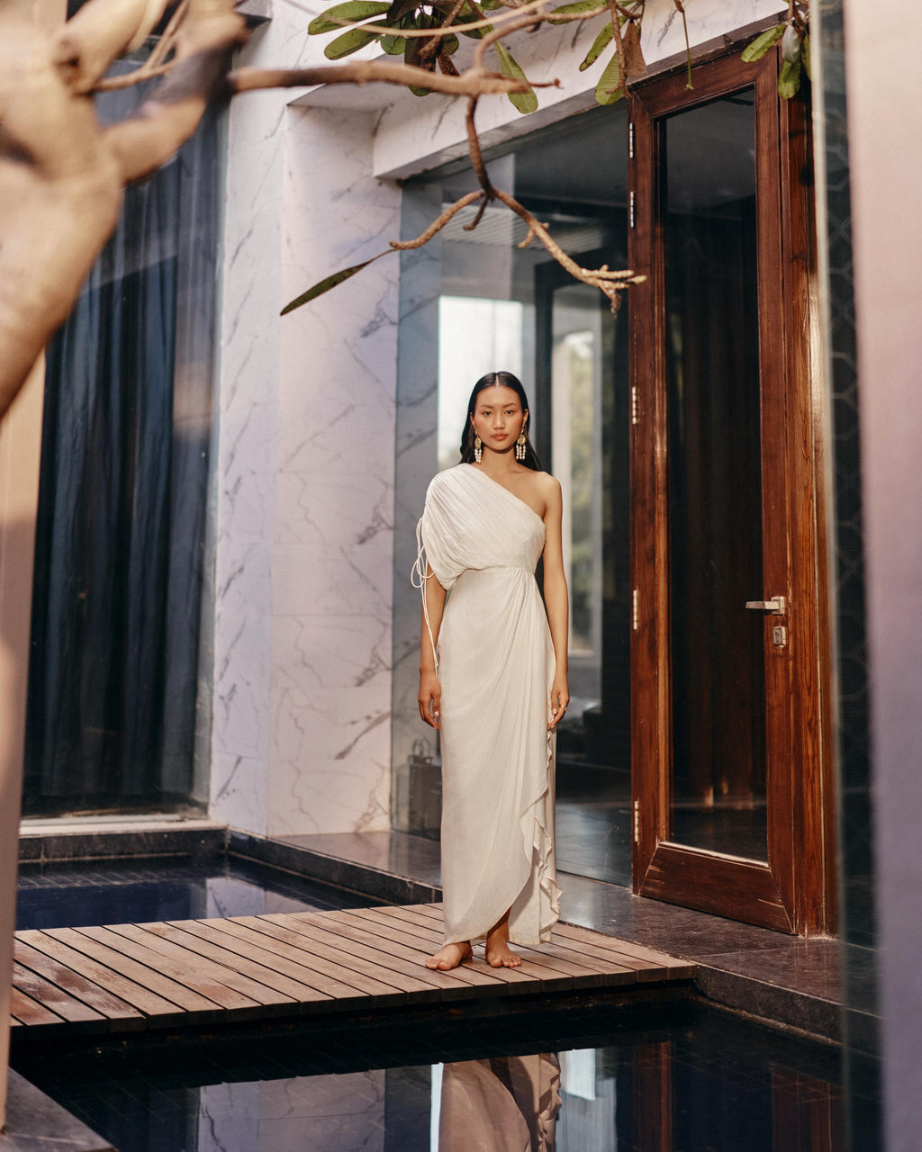 Georgette Ivory Cowl Drape Dress at Kamakhyaa by Ewoke. This item is cowl neck, dress, Georgette, Nostalgia's Thread by Ewoke, sustainable fashion, Under $200, White, white dress