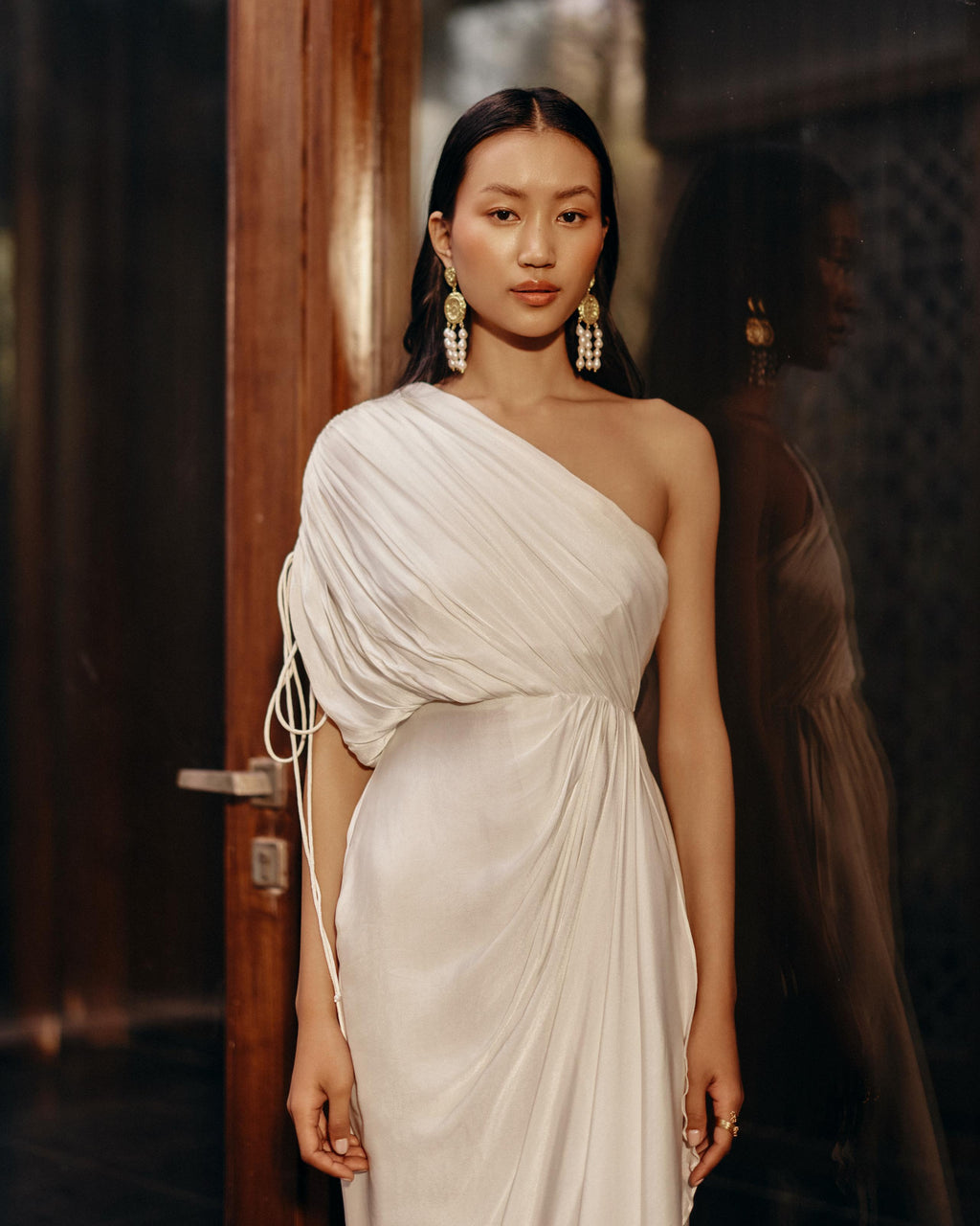 Georgette Ivory Cowl Drape Dress at Kamakhyaa by Ewoke. This item is cowl neck, dress, Georgette, Nostalgia's Thread by Ewoke, sustainable fashion, Under $200, White, white dress