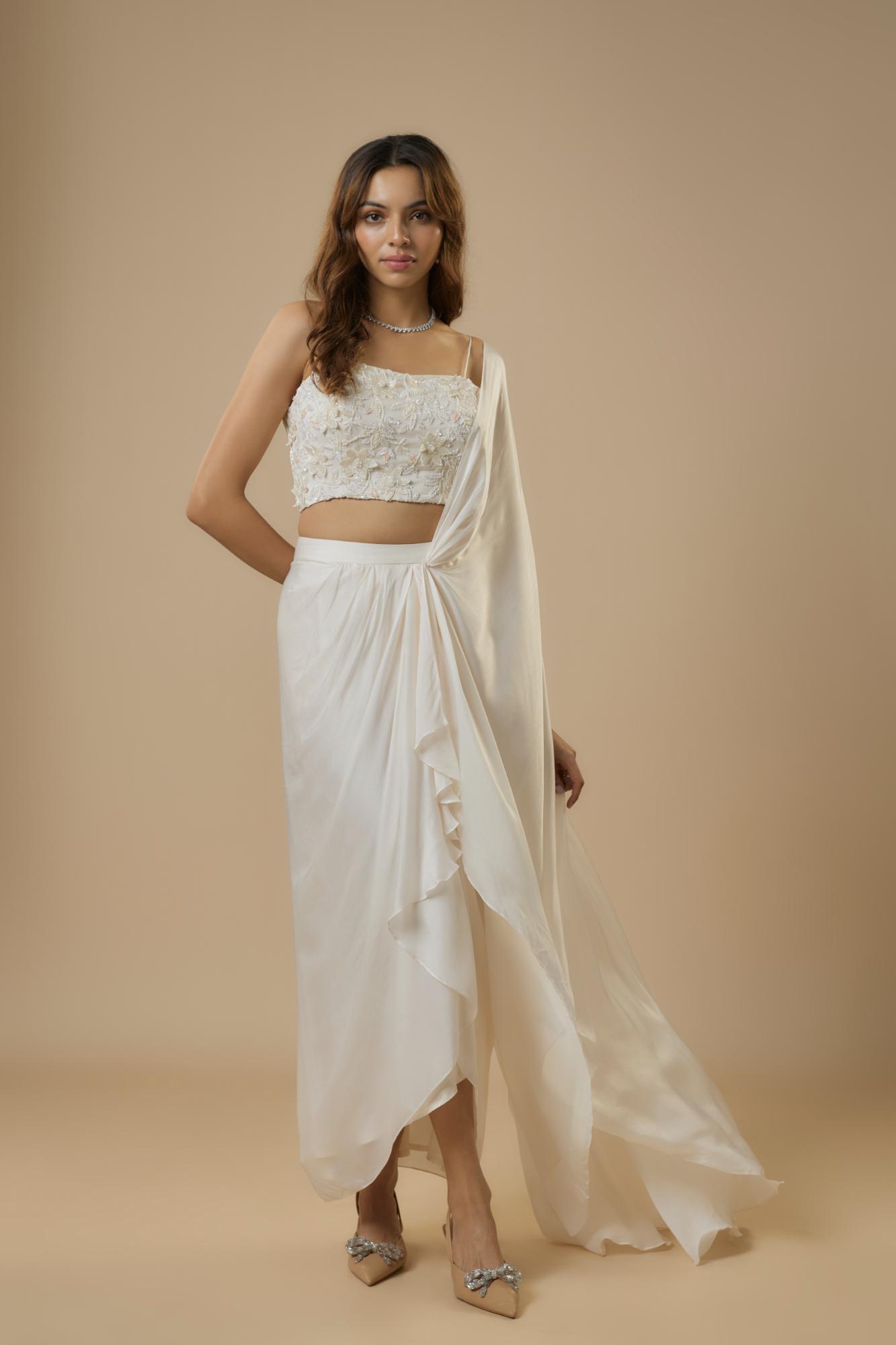 Georgette Ivory Drape Saree at Kamakhyaa by Ewoke. This item is destination wedding lehengas, embroidered lehengas, Georgette, Lehenga set, Nostalgia's Thread by Ewoke, Under $50