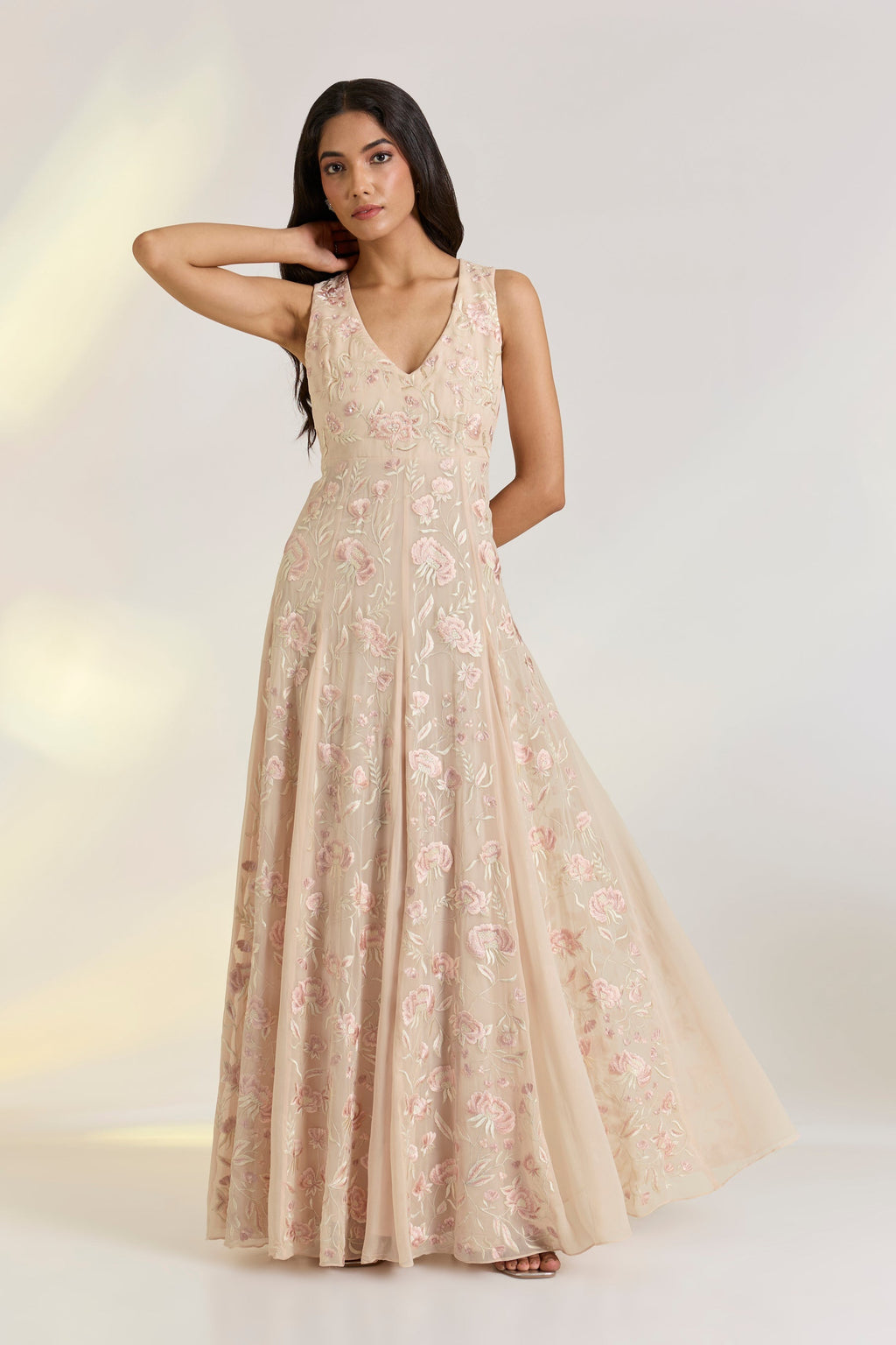 Georgette Lyla Gown at Kamakhyaa by Ewoke. This item is destination wedding lehengas, festive, Georgette, gowns, Missing image, Nostalgia's Thread by Ewoke, Nude Pink, sustainable fashion, wedding dress, Wedding wear