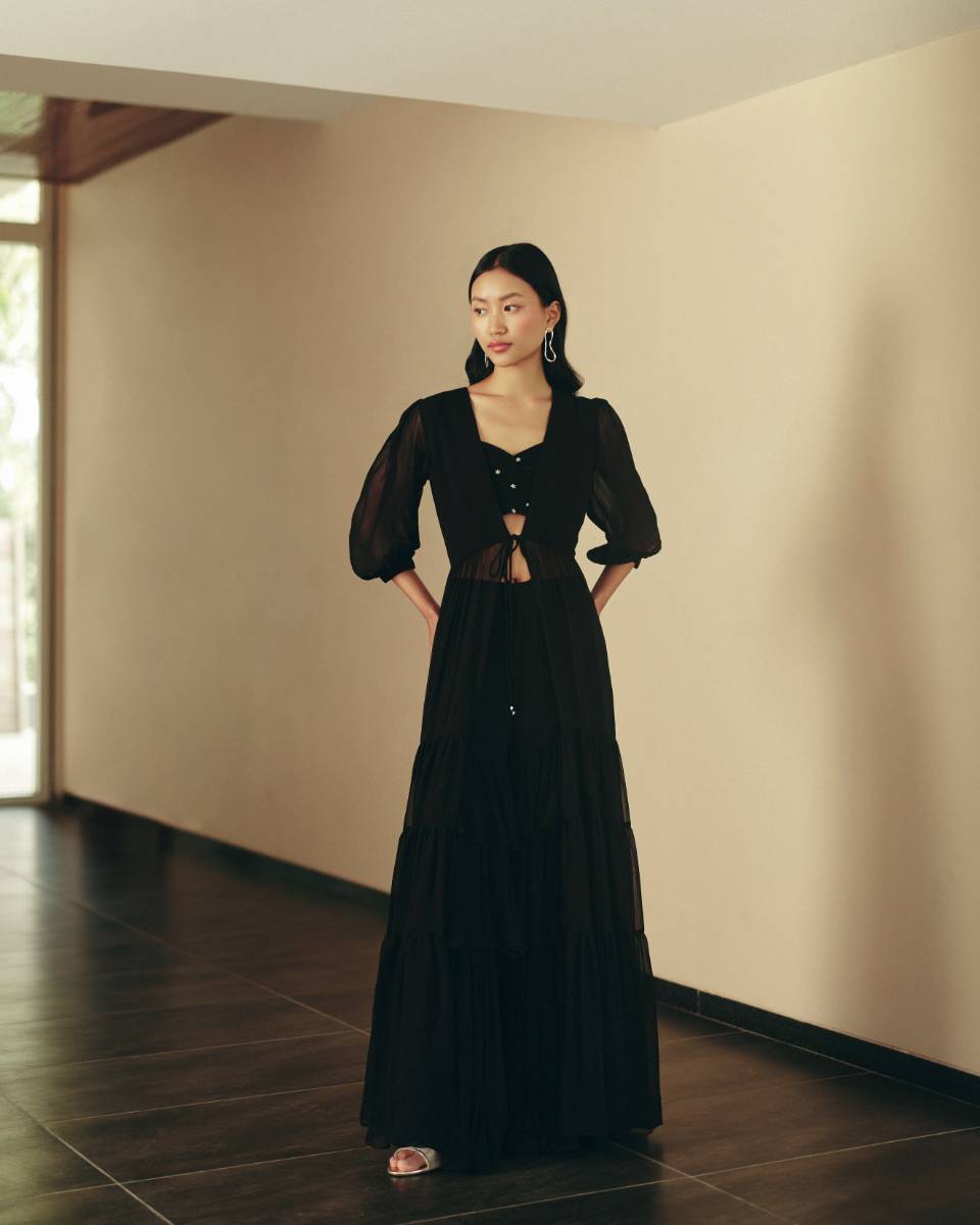 Georgette Midnight Ruffle Set at Kamakhyaa by Ewoke. This item is coord set, Georgette, Holiday wear, Nostalgia's Thread by Ewoke, printed coord set, sharara, sustainable fashion, womens coord set