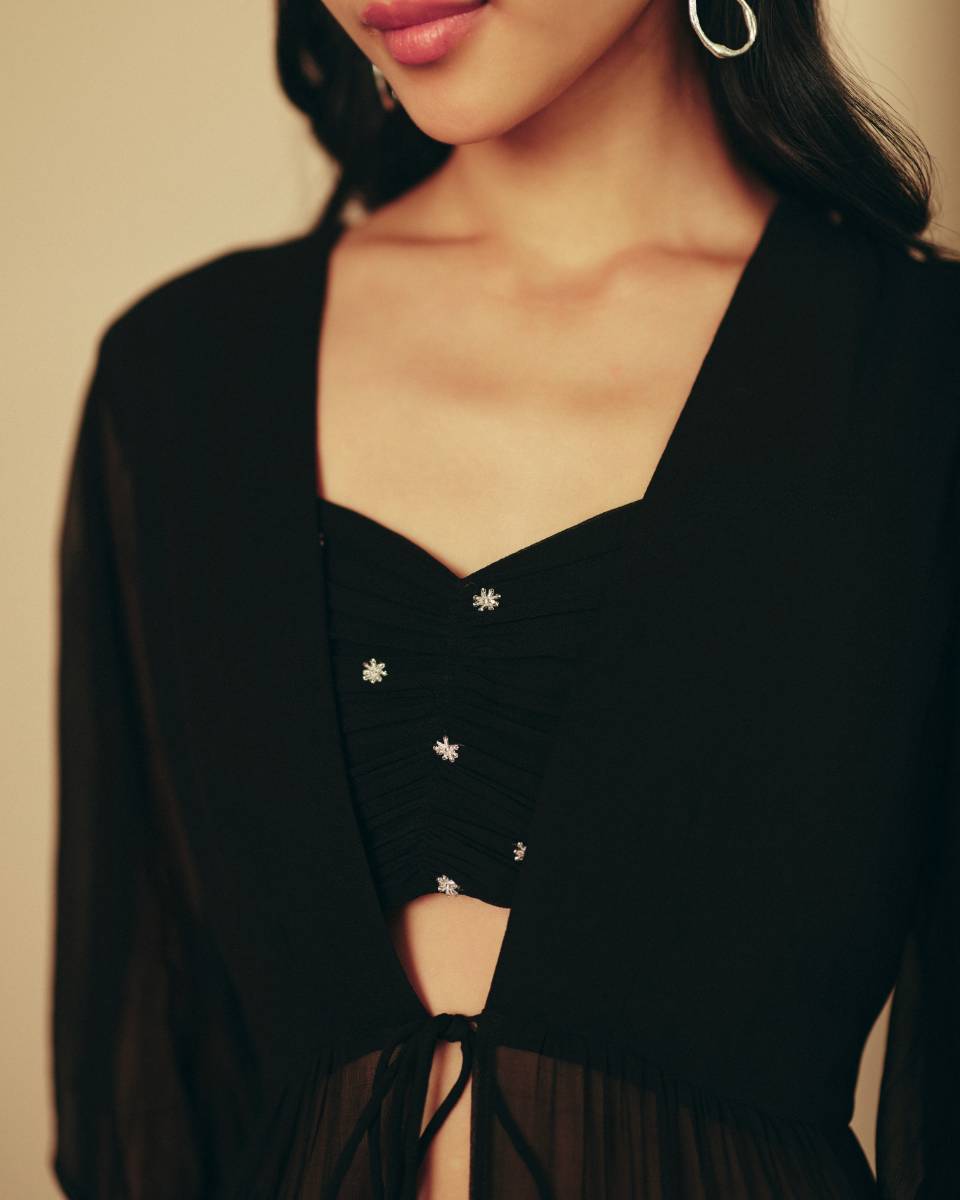 Georgette Midnight Ruffle Set at Kamakhyaa by Ewoke. This item is coord set, Georgette, Holiday wear, Nostalgia's Thread by Ewoke, printed coord set, sharara, sustainable fashion, womens coord set