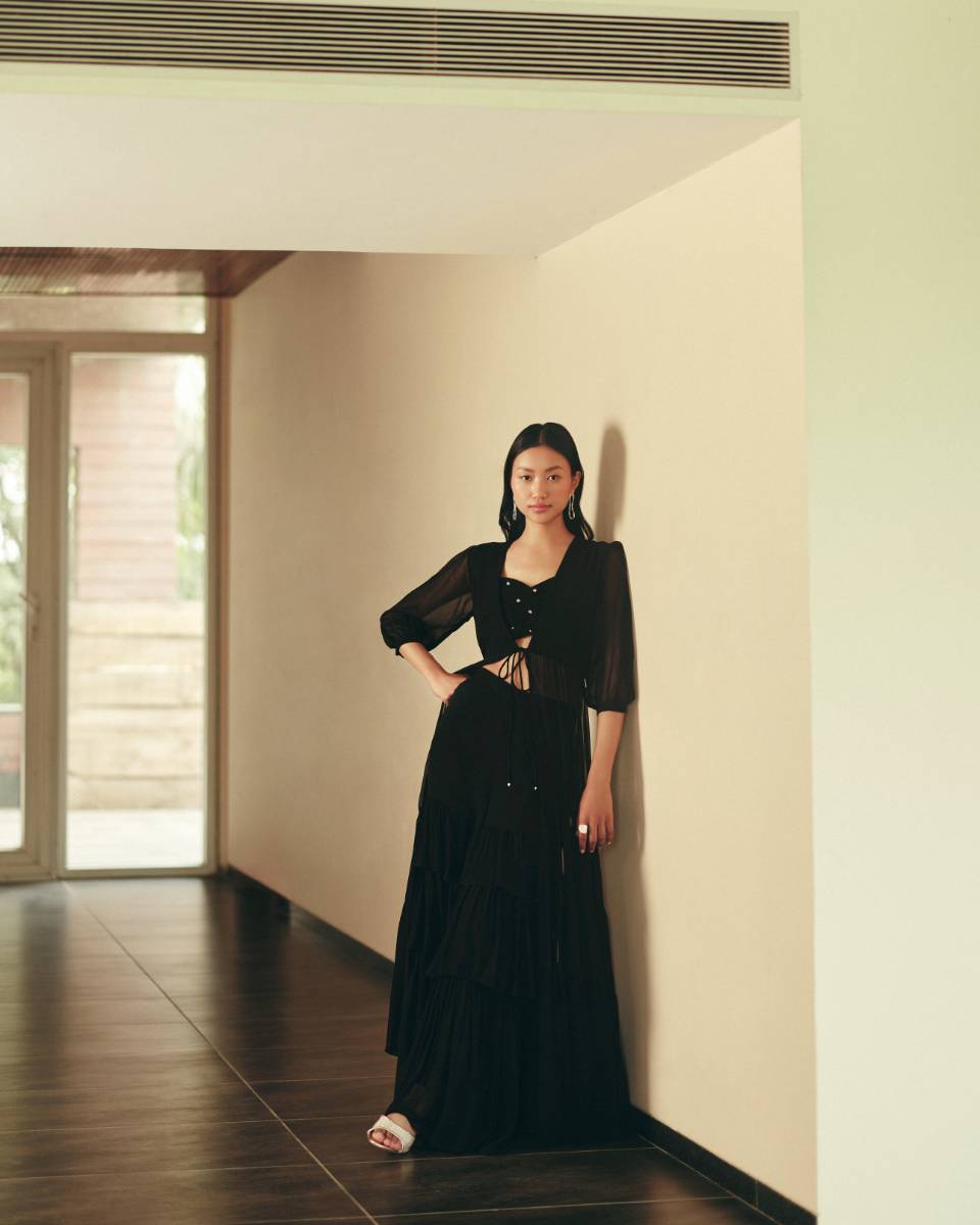 Georgette Midnight Ruffle Set at Kamakhyaa by Ewoke. This item is coord set, Georgette, Holiday wear, Nostalgia's Thread by Ewoke, printed coord set, sharara, sustainable fashion, womens coord set