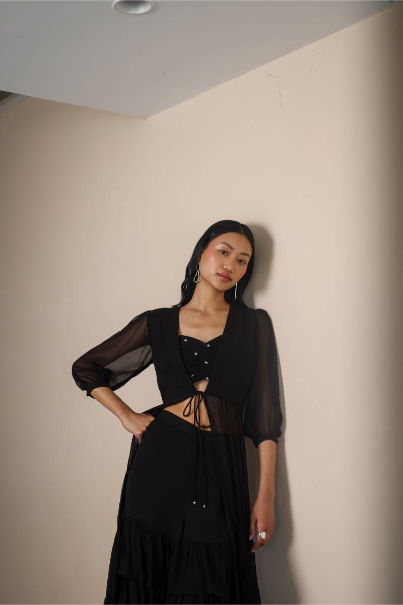 Georgette Midnight Ruffle Set at Kamakhyaa by Ewoke. This item is coord set, Georgette, Holiday wear, Nostalgia's Thread by Ewoke, printed coord set, sharara, sustainable fashion, womens coord set