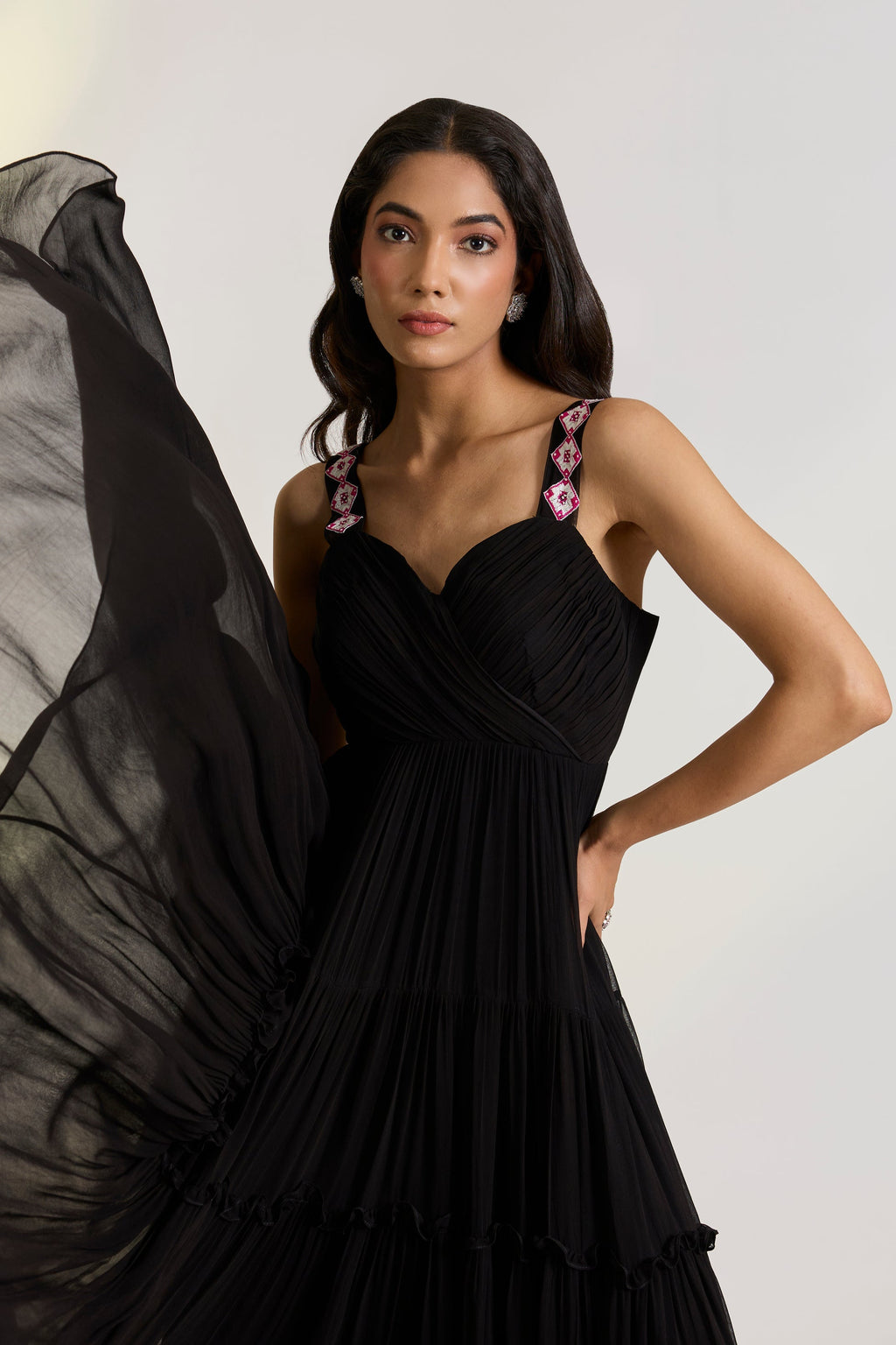 Georgette Nyra Black Drape Gown at Kamakhyaa by Ewoke. This item is Black, black gown, draped gown, Dresses, Georgette, Holiday wear, maxi dress, Missing image, Nostalgia's Thread by Ewoke, sustainable fashion