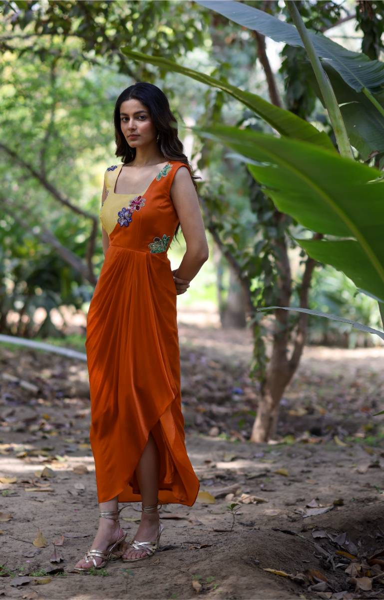 Georgette Orange & Yellow Draped Dress at Kamakhyaa by Ewoke. This item is ewoke dresses, Floral, Georgette, Nostalgia's Thread by Ewoke, Orange, Wedding wear, womenswear dresses