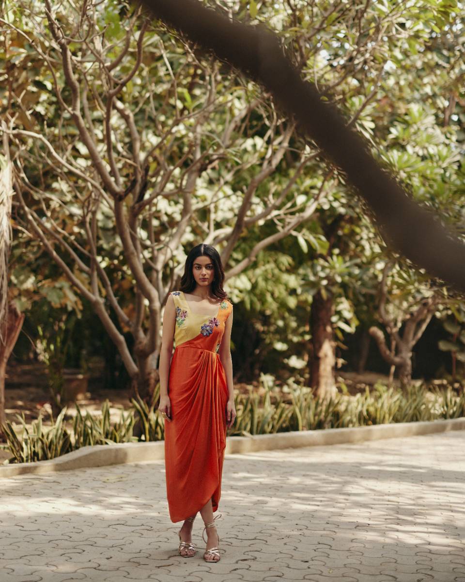 Georgette Orange & Yellow Draped Dress at Kamakhyaa by Ewoke. This item is ewoke dresses, Floral, Georgette, Nostalgia's Thread by Ewoke, Orange, Wedding wear, womenswear dresses