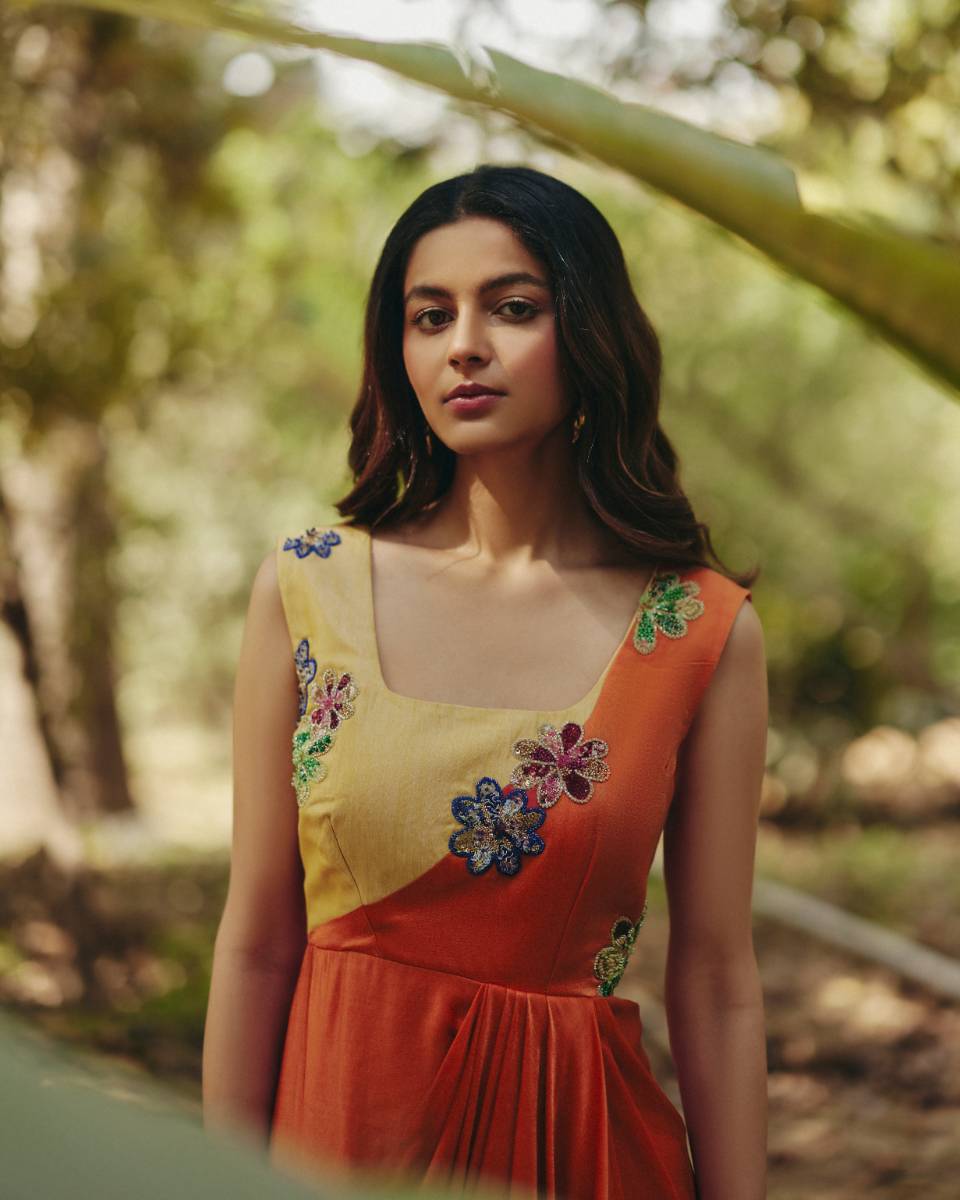 Georgette Orange & Yellow Draped Dress at Kamakhyaa by Ewoke. This item is ewoke dresses, Floral, Georgette, Nostalgia's Thread by Ewoke, Orange, Wedding wear, womenswear dresses