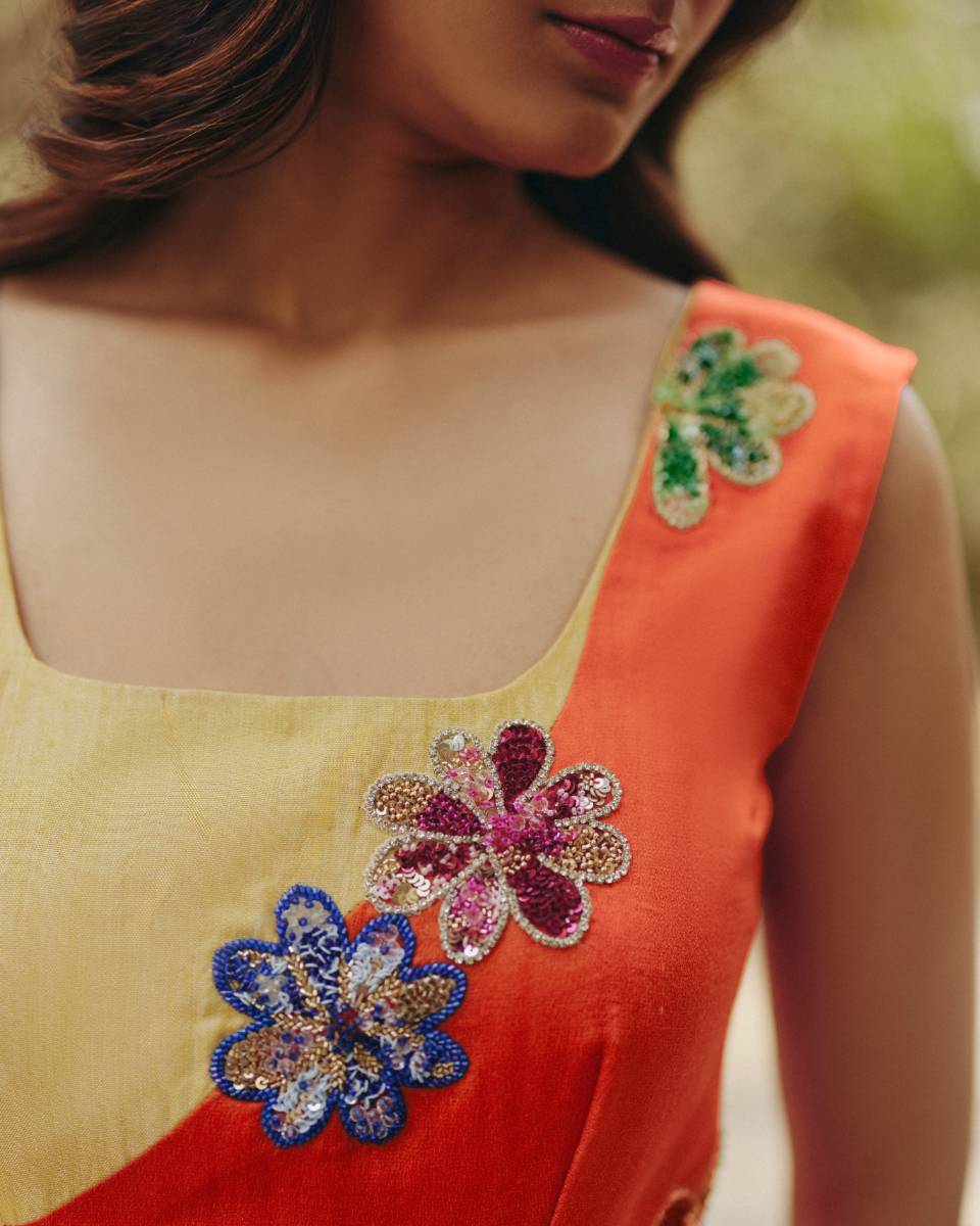 Georgette Orange & Yellow Draped Dress at Kamakhyaa by Ewoke. This item is ewoke dresses, Floral, Georgette, Nostalgia's Thread by Ewoke, Orange, Wedding wear, womenswear dresses