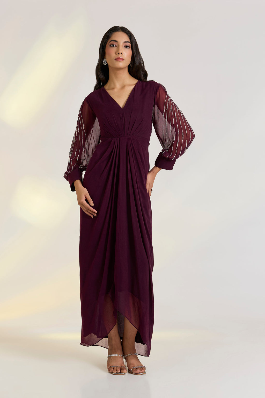 Georgette Orla Dress at Kamakhyaa by Ewoke. This item is destination wedding outfits, draped gowns, festive, Georgette, Missing image, Nostalgia's Thread by Ewoke, sustainable fashion, wedding dress, Wedding wear, Wine, wine gown
