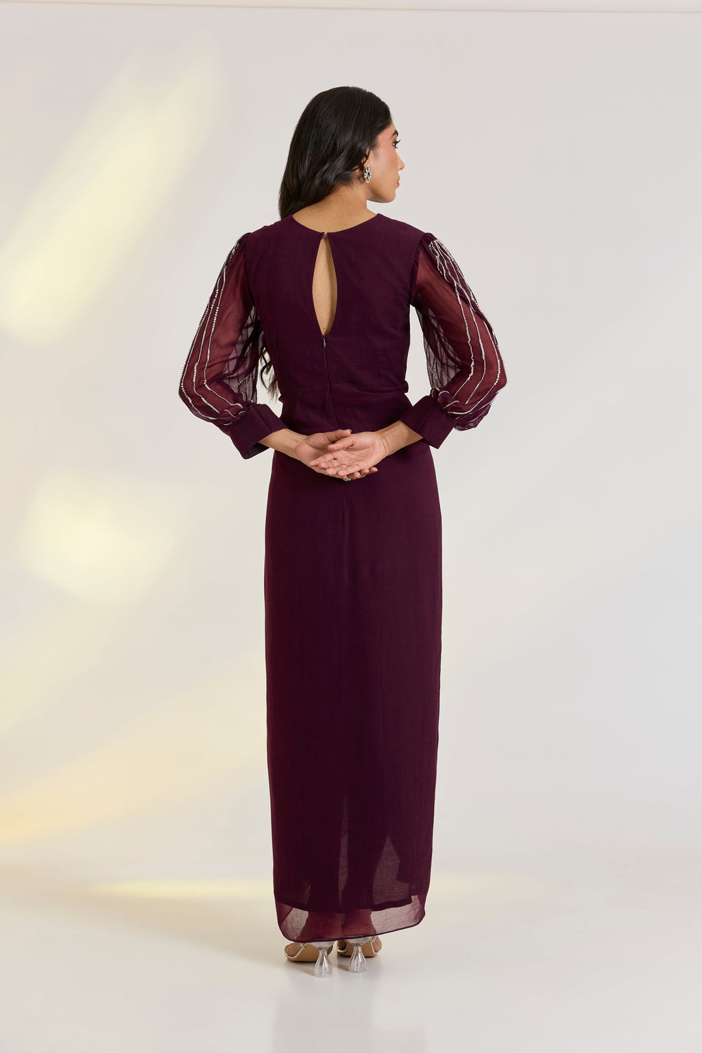 Georgette Orla Dress at Kamakhyaa by Ewoke. This item is destination wedding outfits, draped gowns, festive, Georgette, Missing image, Nostalgia's Thread by Ewoke, sustainable fashion, wedding dress, Wedding wear, Wine, wine gown