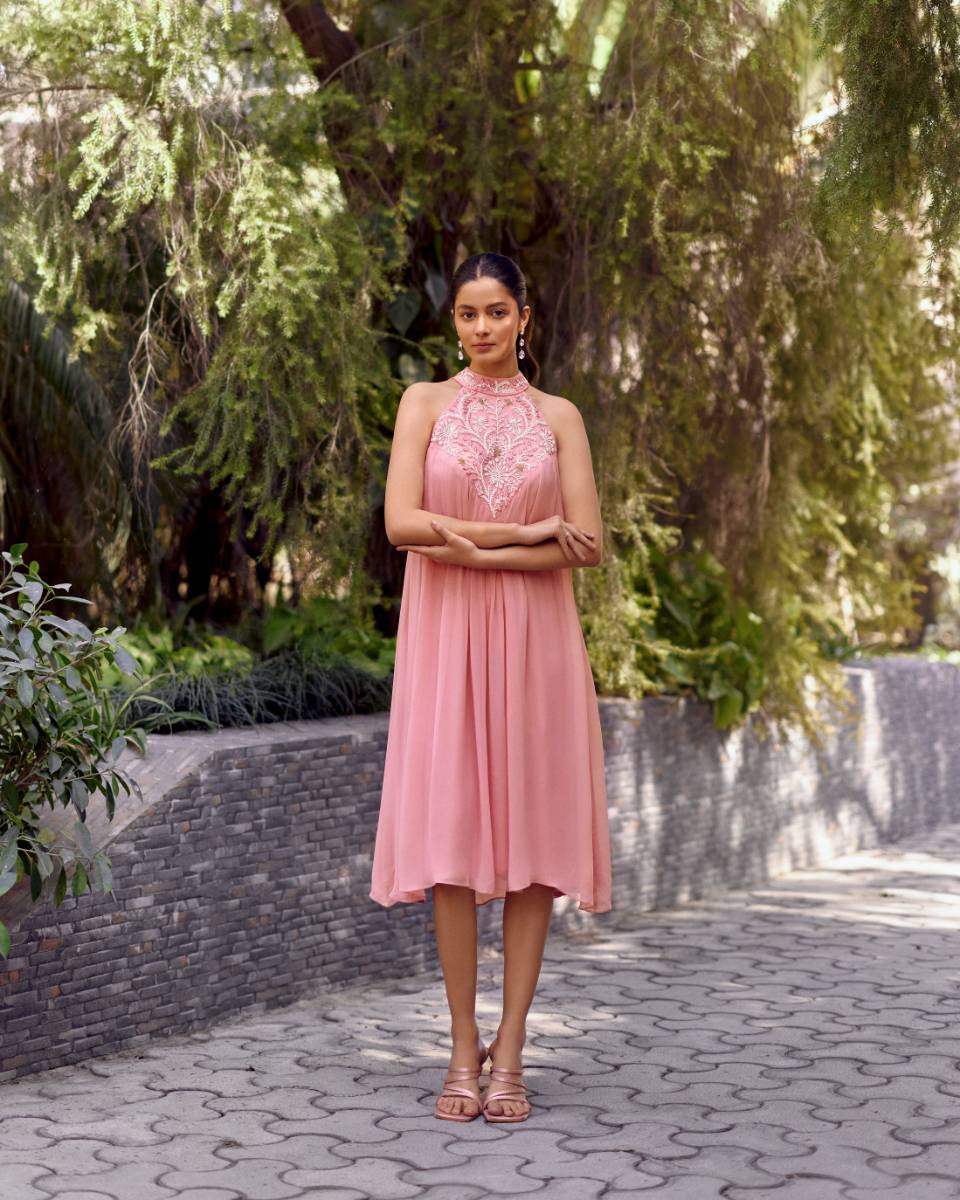 Georgette Pink Georgette Embroidered Bemberg Dress at Kamakhyaa by Ewoke. This item is Georgette, halter neck dress, Holiday wear, Midi Dress, Nostalgia's Thread by Ewoke, Pink, pink dress, sustainable fashion