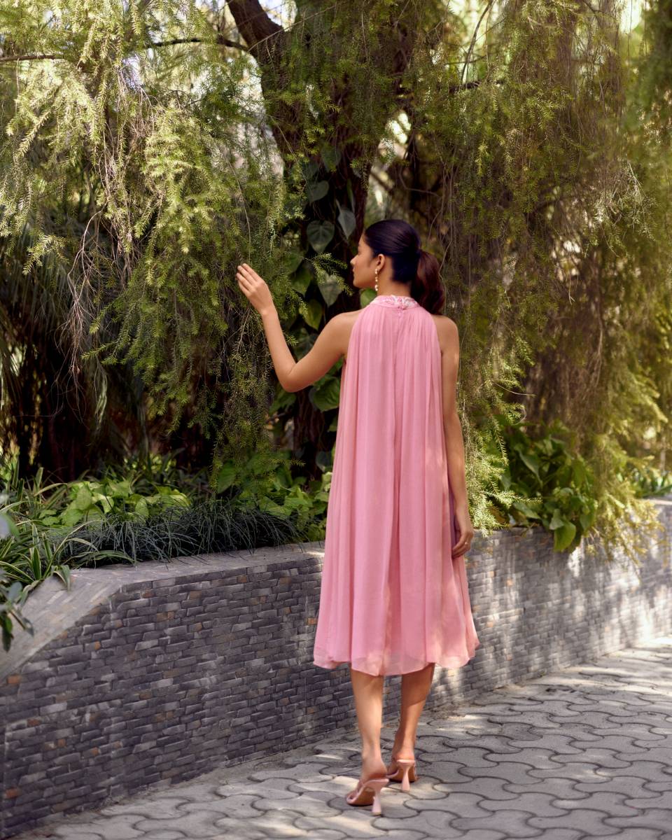 Georgette Pink Georgette Embroidered Bemberg Dress at Kamakhyaa by Ewoke. This item is Georgette, halter neck dress, Holiday wear, Midi Dress, Nostalgia's Thread by Ewoke, Pink, pink dress, sustainable fashion