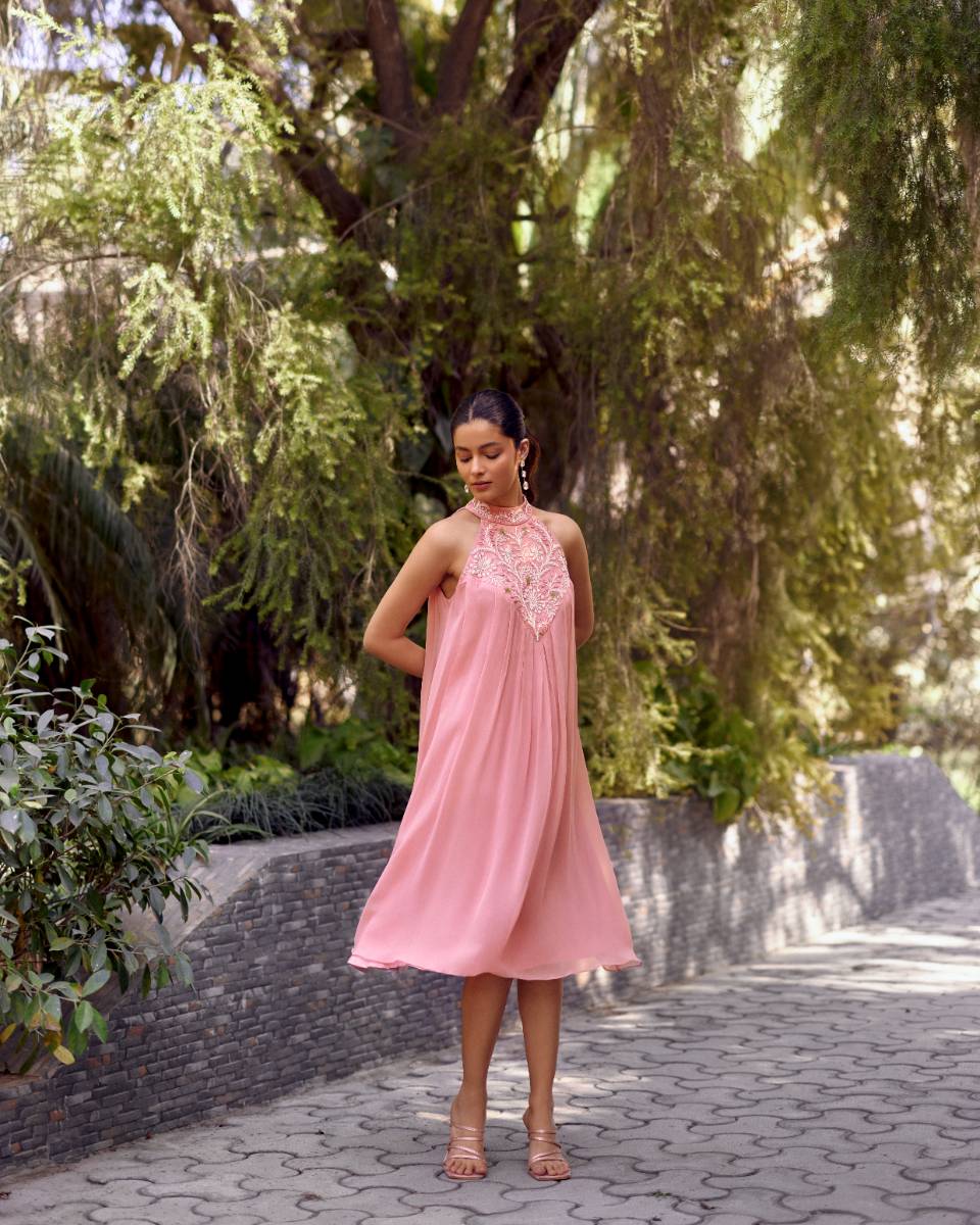 Georgette Pink Georgette Embroidered Bemberg Dress at Kamakhyaa by Ewoke. This item is Georgette, halter neck dress, Holiday wear, Midi Dress, Nostalgia's Thread by Ewoke, Pink, pink dress, sustainable fashion