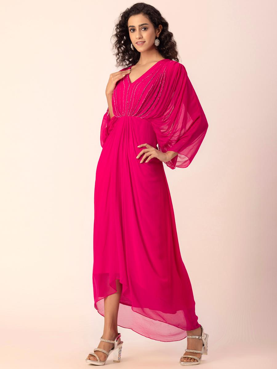 Georgette Red Drape Dress at Kamakhyaa by Ewoke. This item is Draped Dress, Formal wear, Georgette, Nostalgia's Thread by Ewoke, Red, red dress, sustainable fashion