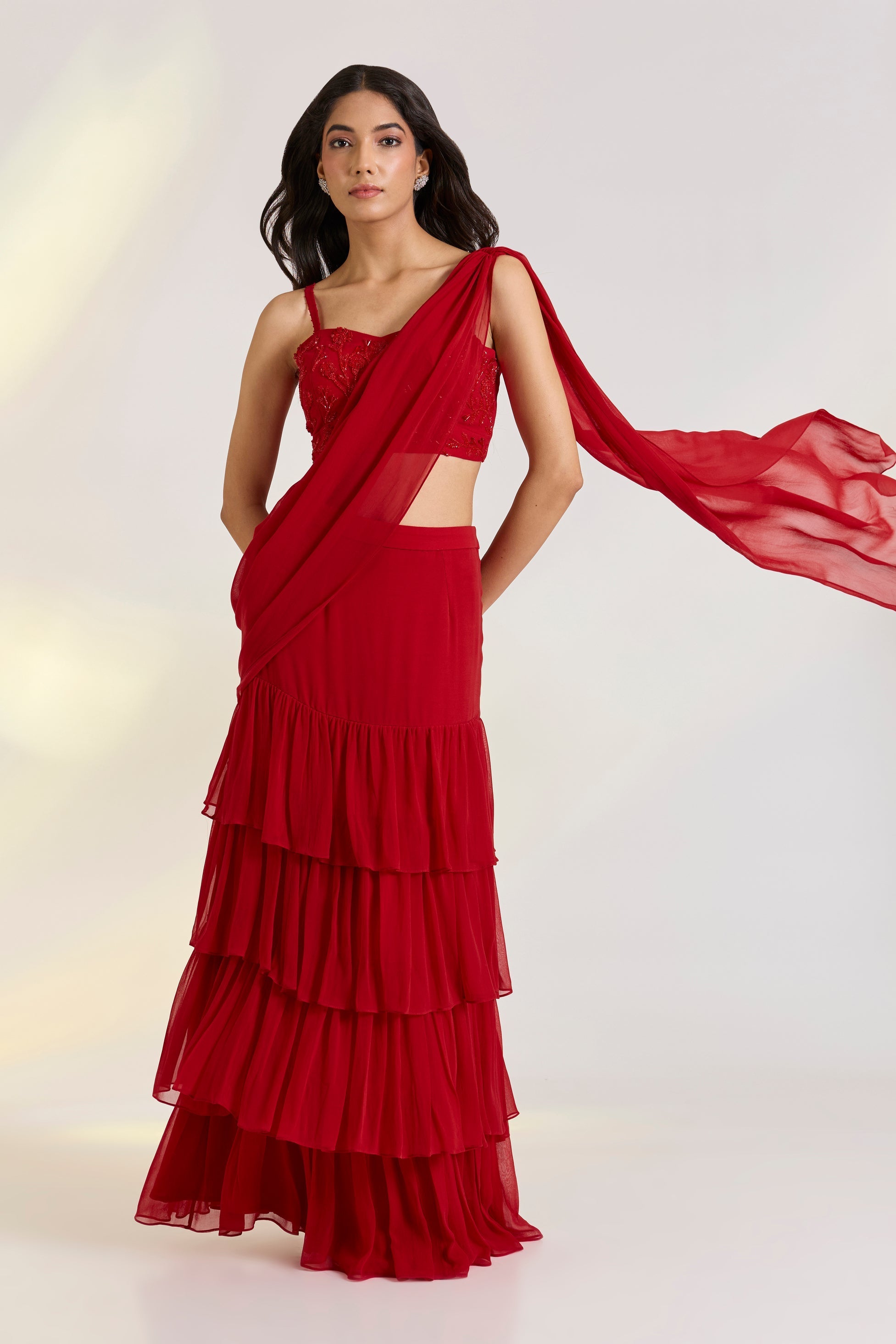 Georgette Red Embroidered Pre-Drape Saree at Kamakhyaa by Ewoke. This item is Bemberg, draped saree, Georgette, lehengas, Nostalgia's Thread by Ewoke, Red, sustainable fashion