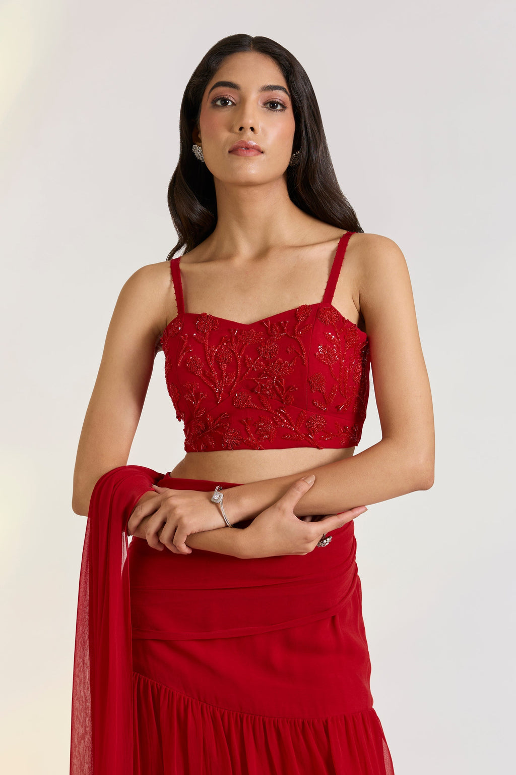 Georgette Red Embroidered Pre-Drape Saree at Kamakhyaa by Ewoke. This item is Bemberg, draped saree, Georgette, lehengas, Nostalgia's Thread by Ewoke, Red, sustainable fashion