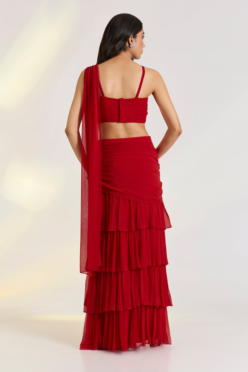 Georgette Red Embroidered Pre-Drape Saree at Kamakhyaa by Ewoke. This item is Bemberg, draped saree, Georgette, lehengas, Nostalgia's Thread by Ewoke, Red, sustainable fashion