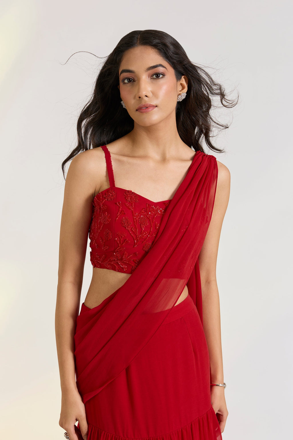 Georgette Red Embroidered Pre-Drape Saree at Kamakhyaa by Ewoke. This item is Bemberg, draped saree, Georgette, lehengas, Nostalgia's Thread by Ewoke, Red, sustainable fashion