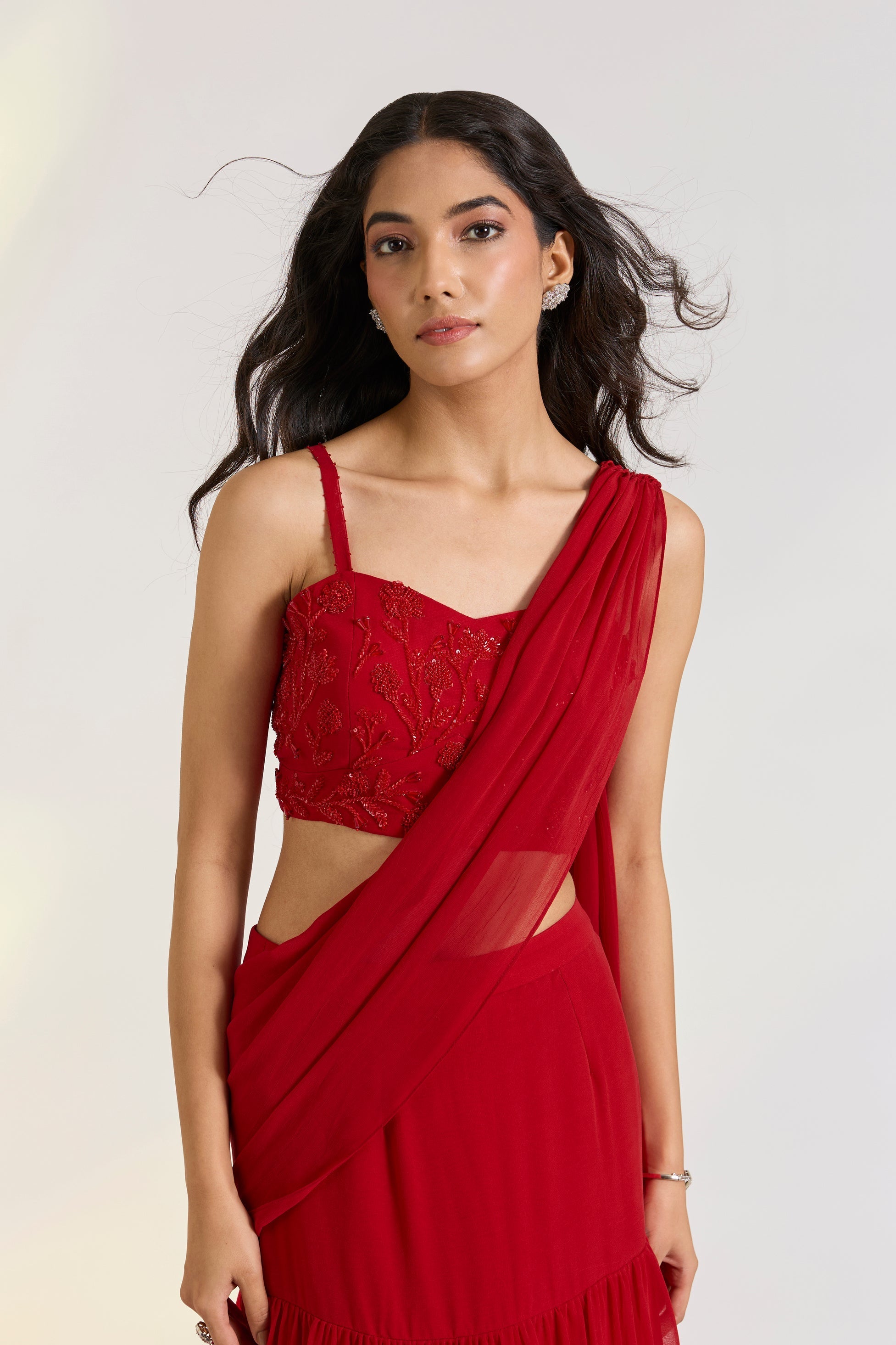 Georgette Red Embroidered Pre-Drape Saree at Kamakhyaa by Ewoke. This item is Bemberg, draped saree, Georgette, lehengas, Nostalgia's Thread by Ewoke, Red, sustainable fashion
