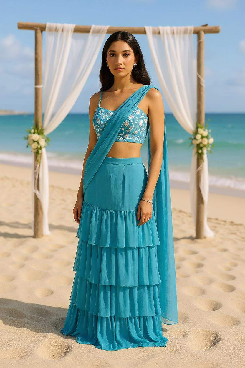 Georgette Teal Embroidered Pre-Drape Saree at Kamakhyaa by Ewoke. This item is Bemberg, bemberg fabric, destination wedding lehengas, draped saree, embroidered lehengas, Georgette, Lehenga set, Nostalgia's Thread by Ewoke, Steal Blue, sustainable fashion