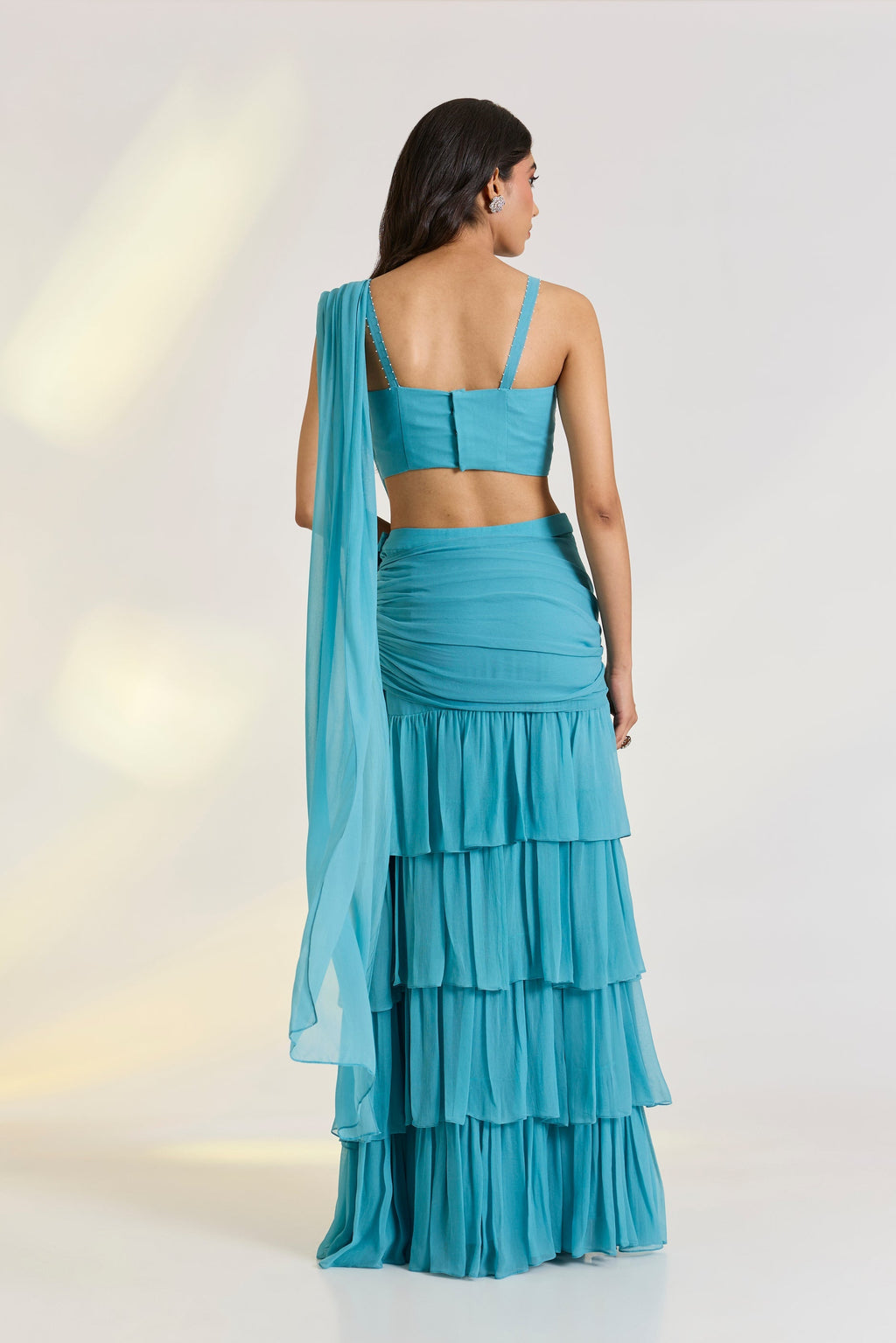 Georgette Teal Embroidered Pre-Drape Saree at Kamakhyaa by Ewoke. This item is Bemberg, bemberg fabric, destination wedding lehengas, draped saree, embroidered lehengas, Georgette, Lehenga set, Nostalgia's Thread by Ewoke, Steal Blue, sustainable fashion