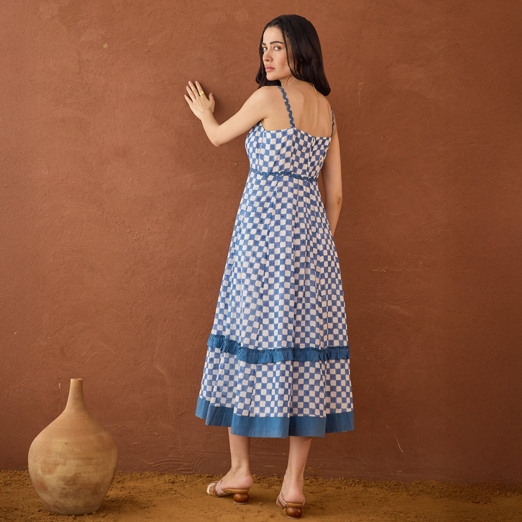 Gingham Sky at Kamakhyaa by Taro. This item is Artisan made, Blue, Cotton Mulmul, Handblock Printed, Sleeveless Dresses, Under $50, Whispers of Summer by Taro